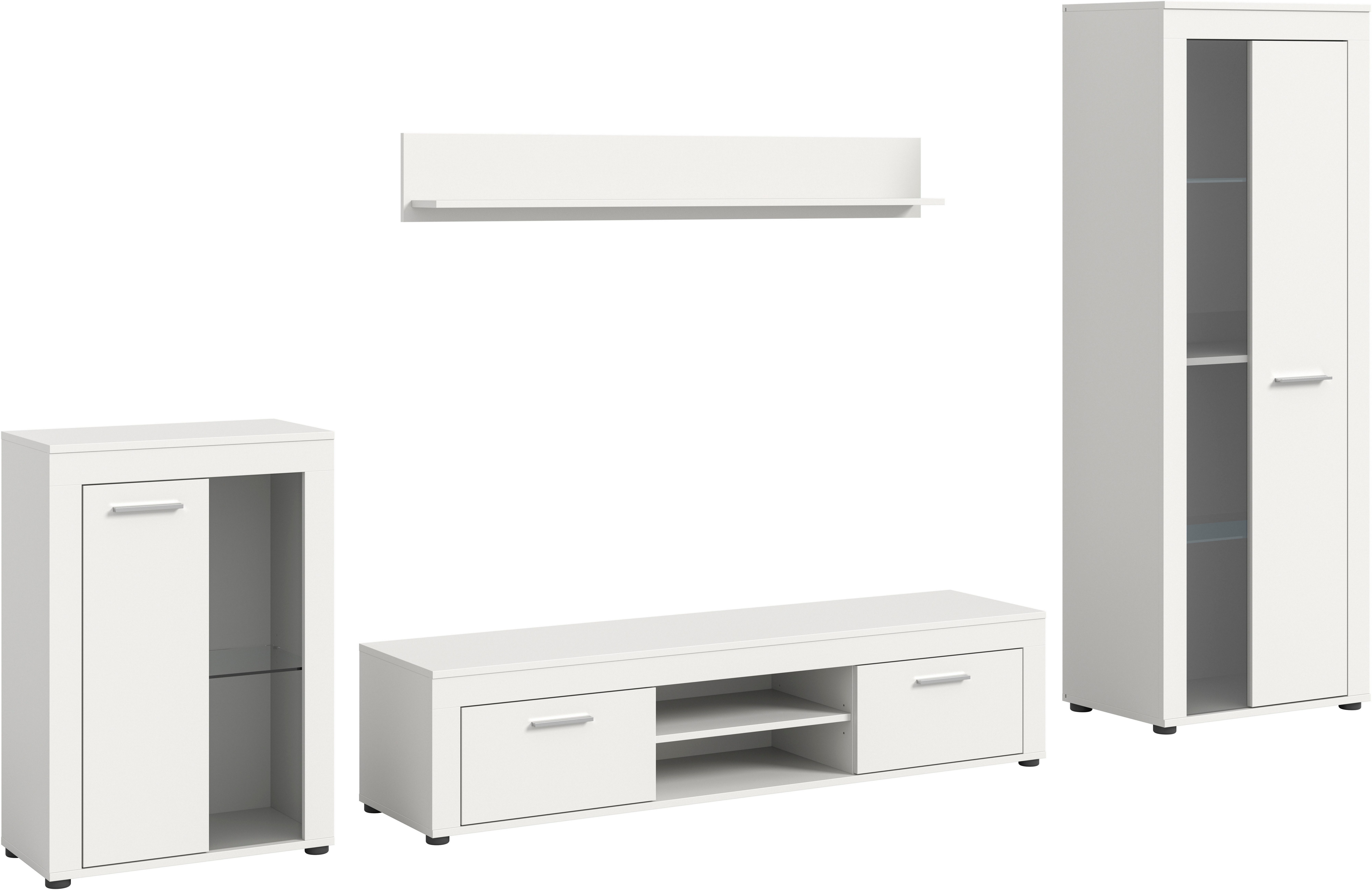OTTO home Wohnwand AOSTA, Breite 310cm, 4-teilige Wohn-Kombination, (4-St., bestehend aus: Vitrine, Lowboard, Wandboard & Vitrine hoch), Wohnwand, Kombination, Anbauwand, Möbel Set, Schrankwand, Möbel Kombi