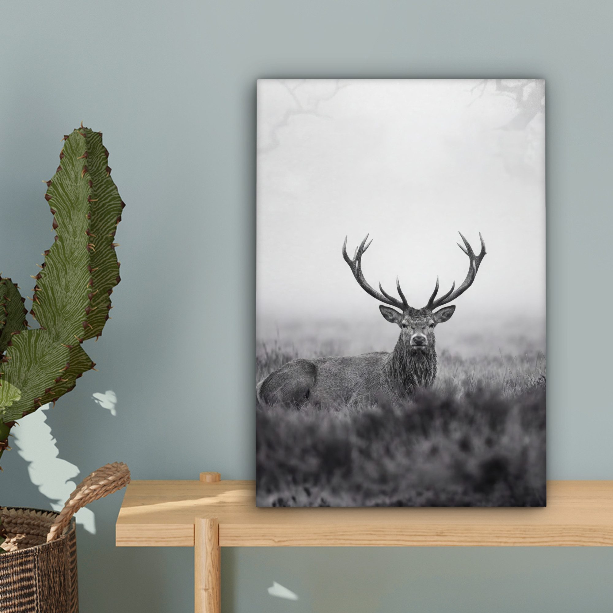 OneMillionCanvasses® Leinwandbild Hirsch - Neblig - Schwarz - Weiß, Fotodruck (1 St), Leinwand Bilder Klein, Wand Dekoration Aesthetic 30x20 cm – Bild 4 von 5