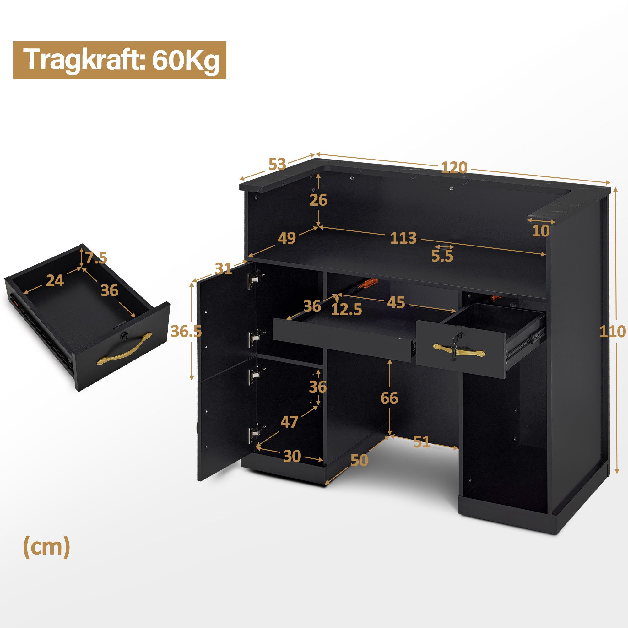 Barberpub Empfangstheke BarberPub Empfangstheke mit 2 Schubladen, Rezeptionstisch R9773