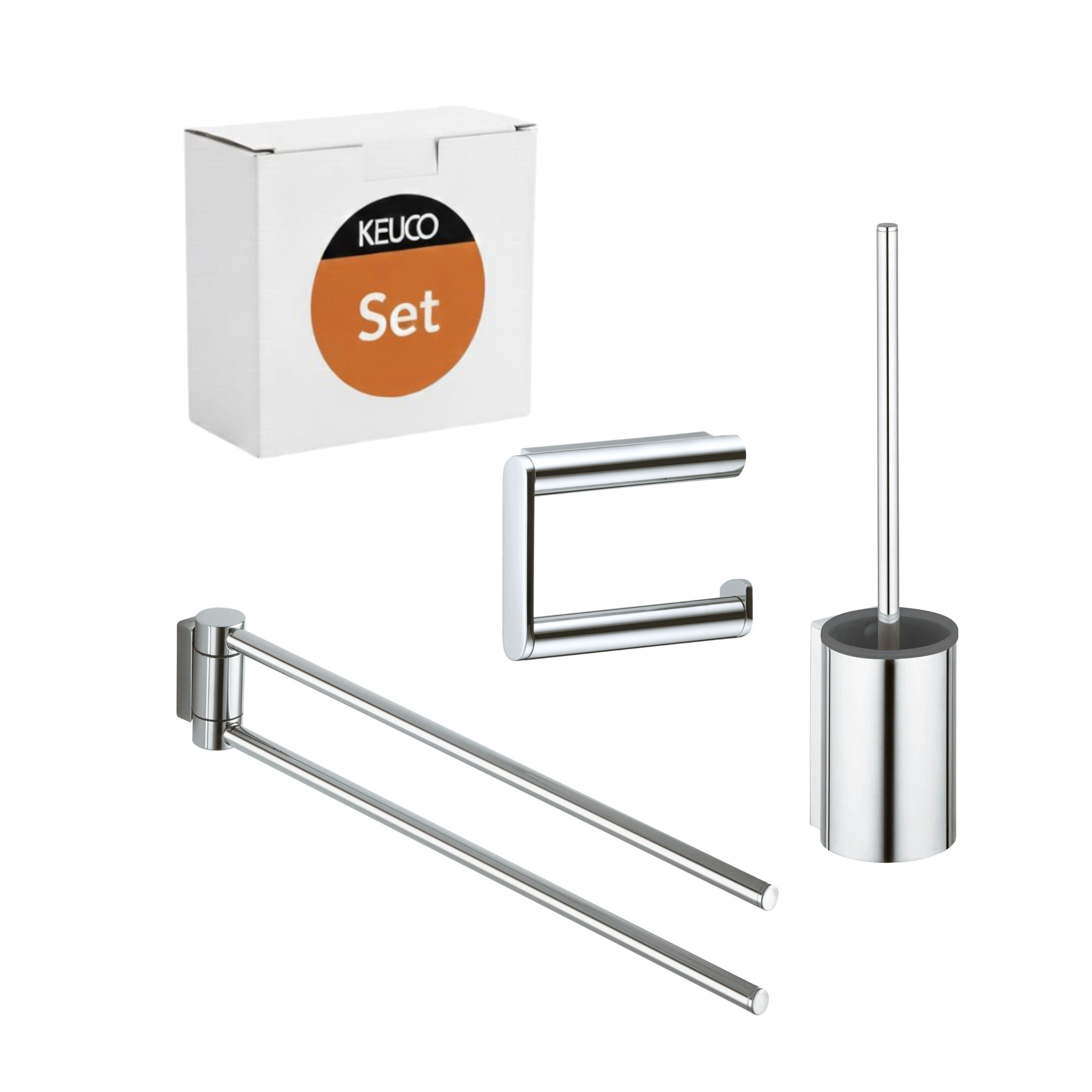 Keuco Badaccessoire-Set Plan aus Toilettenpapierhalter, WC-Bürstengarnitur und Handtuchhalter, 3-tlg., zweiarmig, schwenkbar, 44 cm, Made in Germany, verchromt