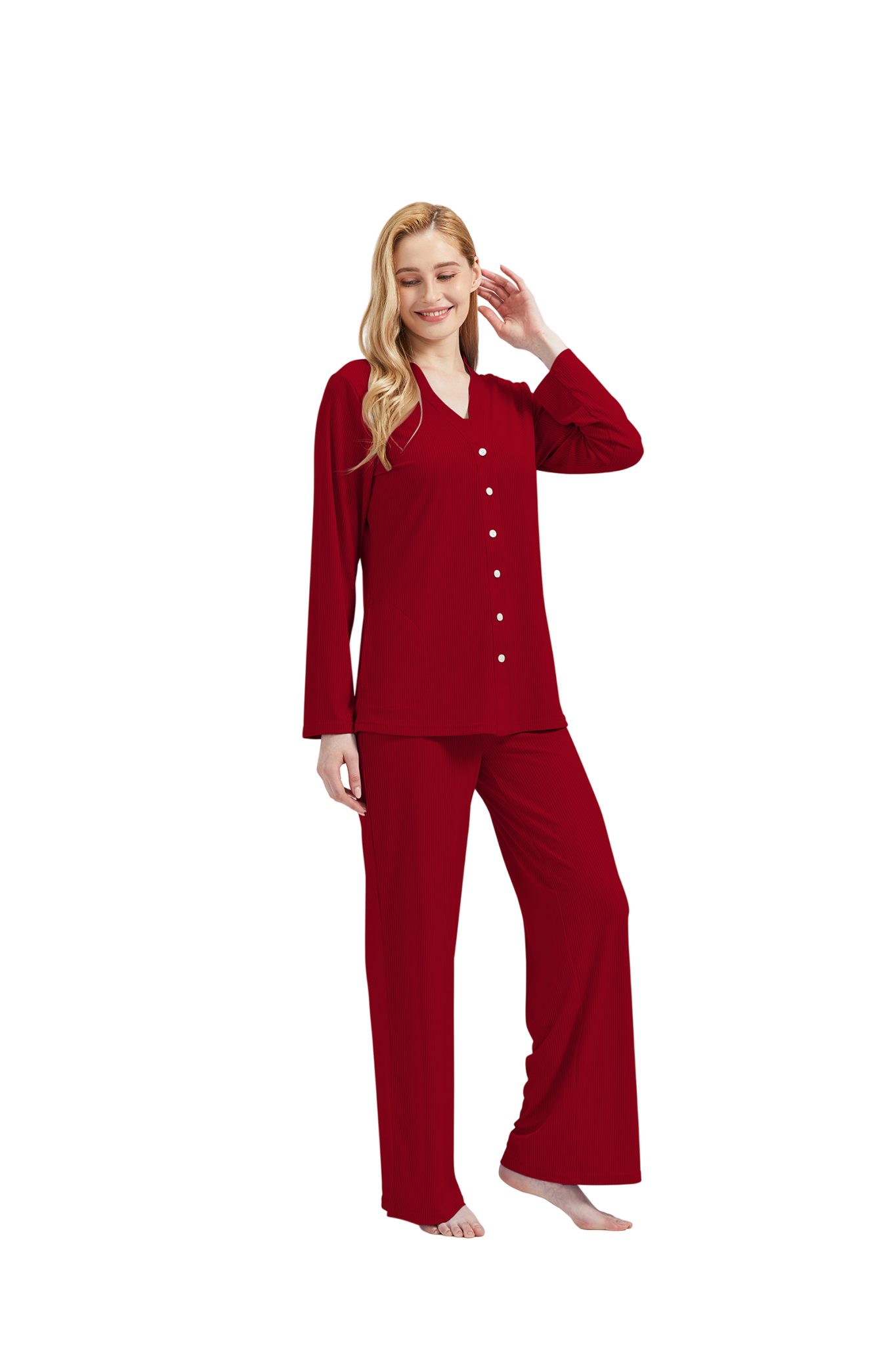 V-Ausschnitt Pyjama-Set Damenwäsche Hose 3 tlg) Brombeer RAIKOU Schlafanzug incl.Jacket Top Damen (Set,