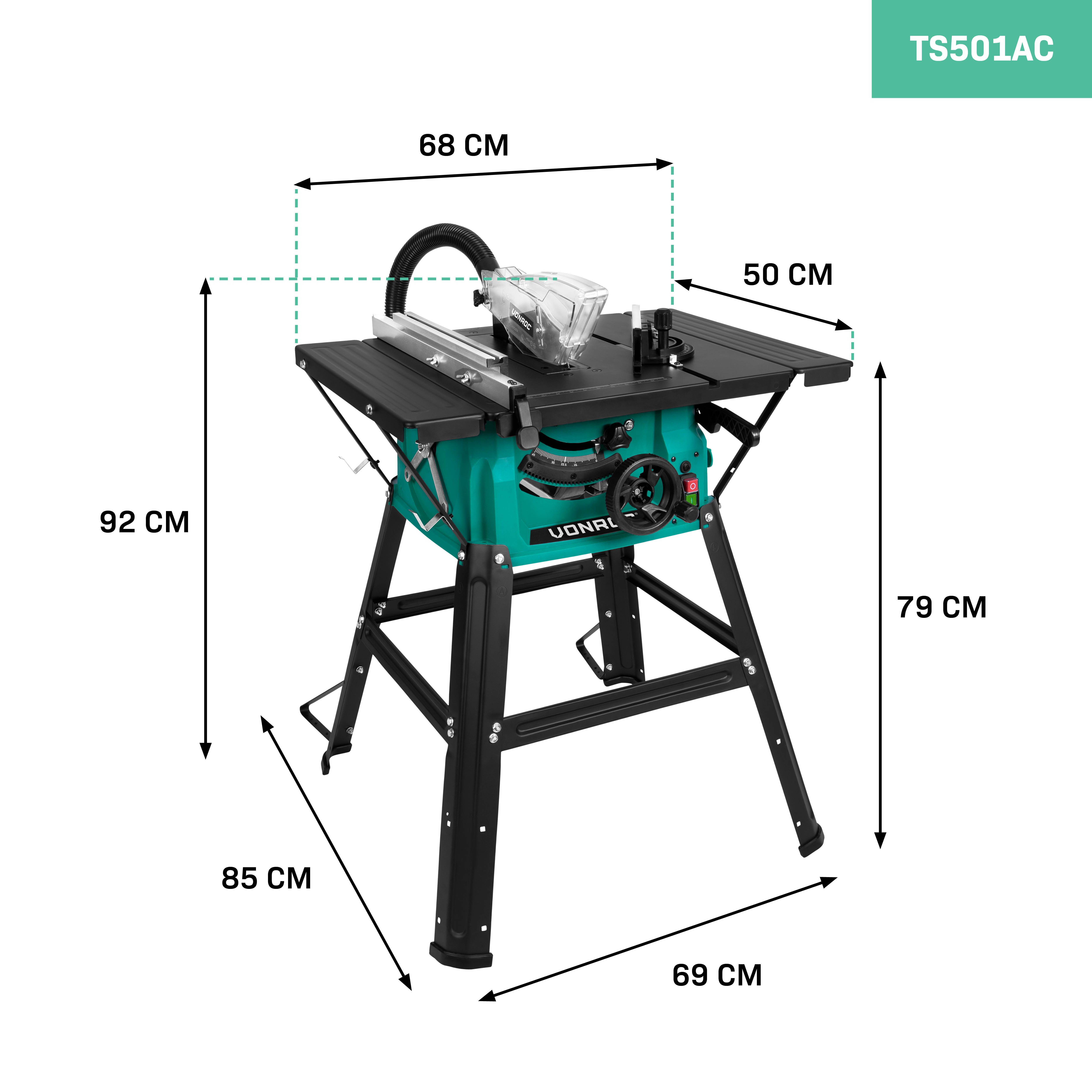 VONROC Tischkreissäge mit Führungsschiene 1500W - Tischsäge mit Staubabsaugung 5000U/min, inkl. Untergestell, - Ø210mm - Inkl. Gehrungsführung und 40T Sägeblatt