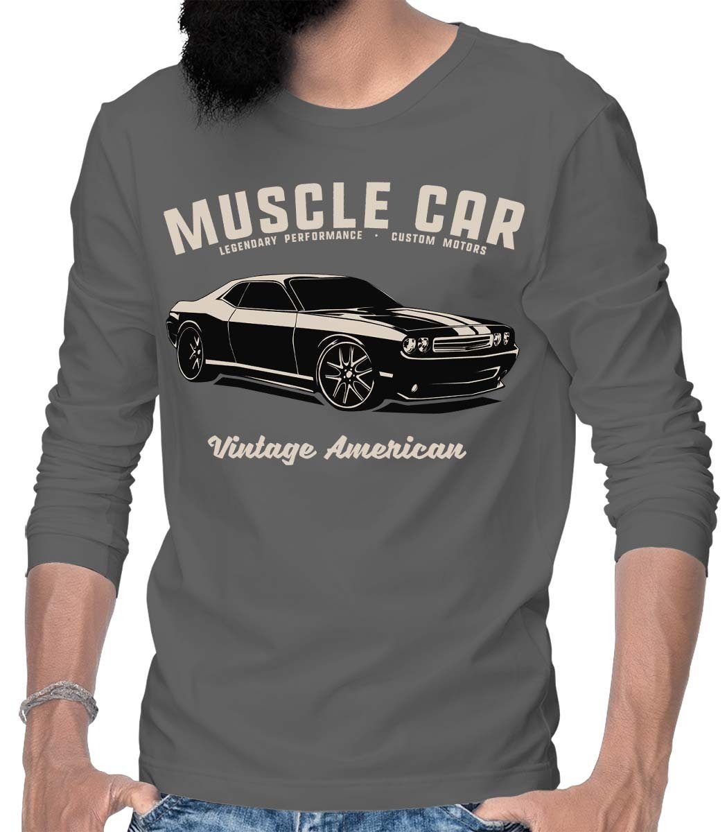 Rebel On Wheels Longsleeve Herren Langarm T-Shirt Challenger Muscle Car mit Auto / US-Car Motiv Grau