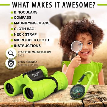 SOTOR Fernglas für Kinder, Set mit Lupe & Kompass grün - Perfektes Spielzeug Binocular (für kleine Jungen und Mädchen, Mädchen Geschenk für Kleinkind)