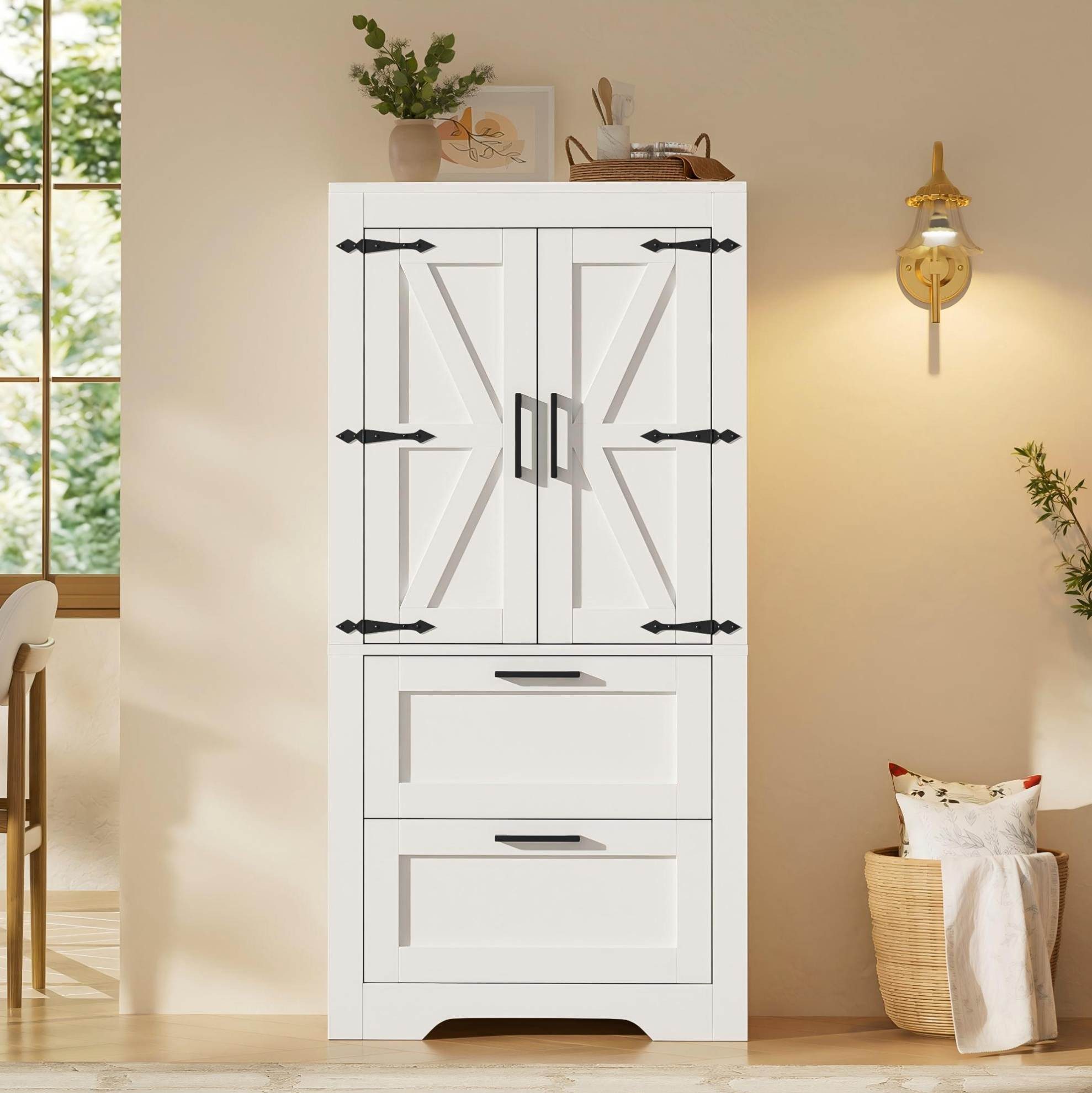 REDOM Hochschrank Küchenmöbel mit Türen und höhenverstellbaren Ablageflächen (Packung, 1-St., Mehrzweck Schrank für Esszimmer Wohnzimmer mit Stauraum) Seitenschrank Weiß Landhausstil mit Schubladen für Küche Möbel