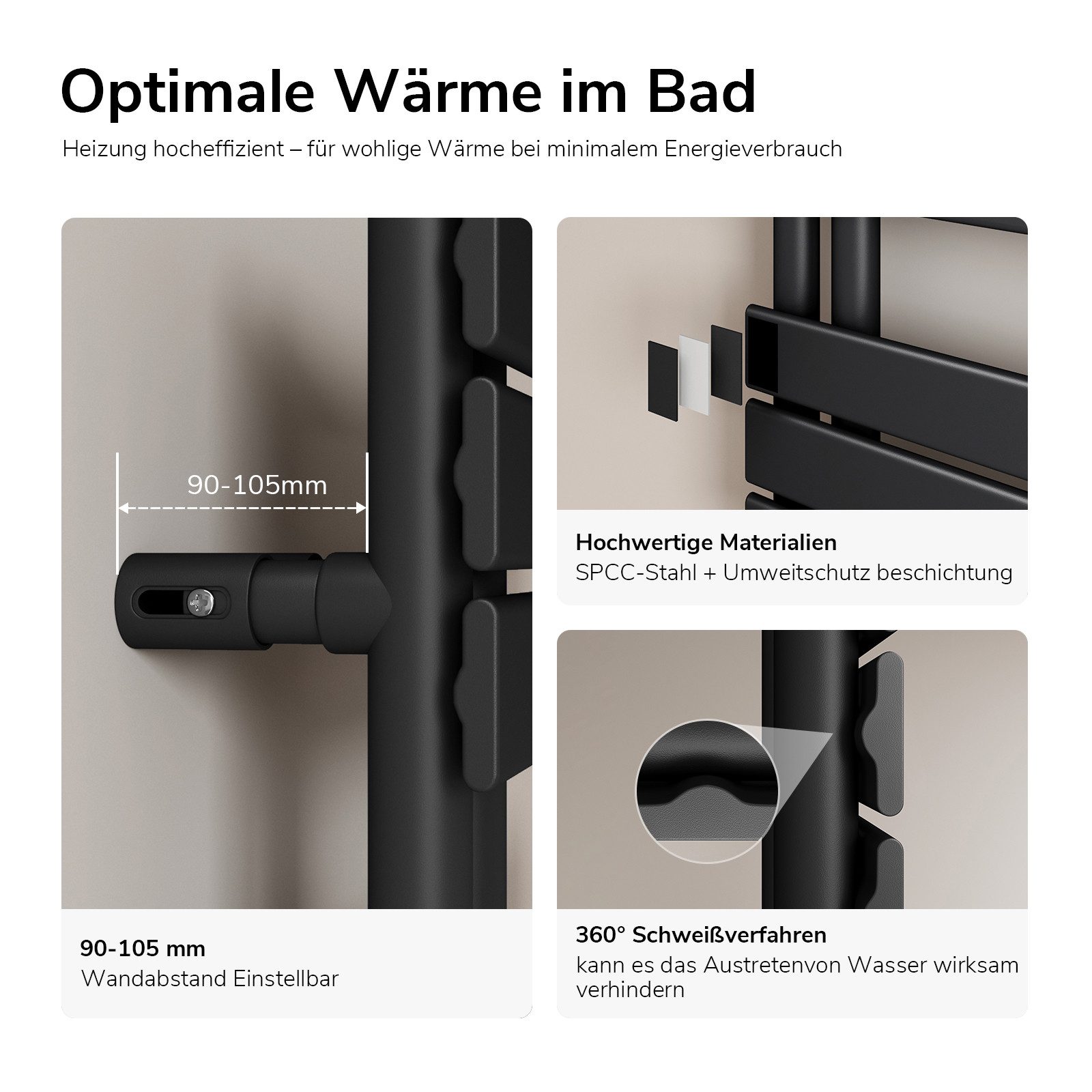 EMKE Paneelheizkörper Schwarz Flach Badheizkörper Design Handtuchtrockner, 132x50cm 661W Bad Warmwasser ohne Multiblock Seitenanschluss – Bild 3 von 5
