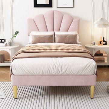 OKWISH Polsterbett muschelartiges Bett (90 X 200 CM Ohne Matratze), Höhenverstellbares Kopfteil,Bett mit goldenen Eisenbeinen