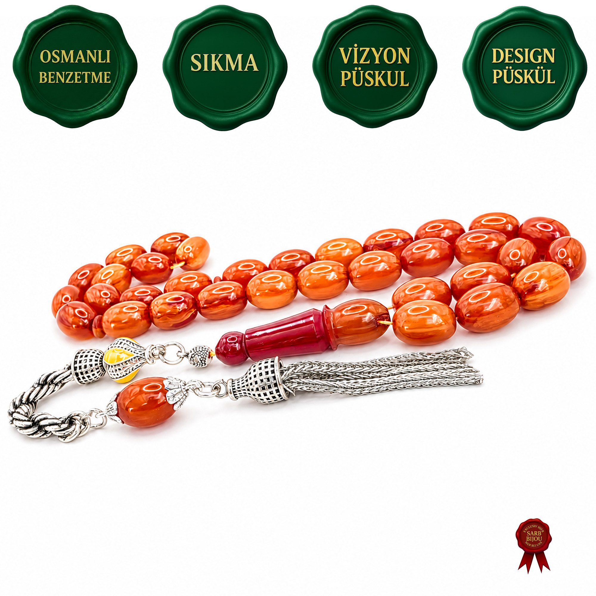 M-Punkt24 Kettenanhänger Tesbih Tespih Osmanli Benzetme (SIKMA, Kapsül, Rot, Orange, inkl. Etui, 8,5 x 11,5 mm), SONDERPREIS WEGEN PRODUKTNEUHEIT, Gebetskette, Rosary, Subha, Misbah