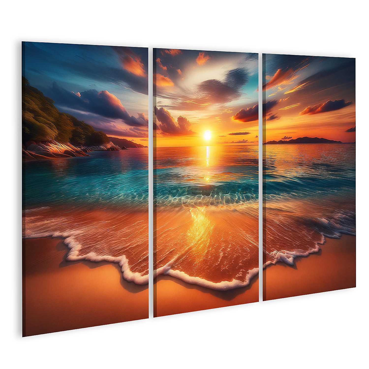 Leinwandbild Goldener Sonnenuntergang am ruhigen Strand