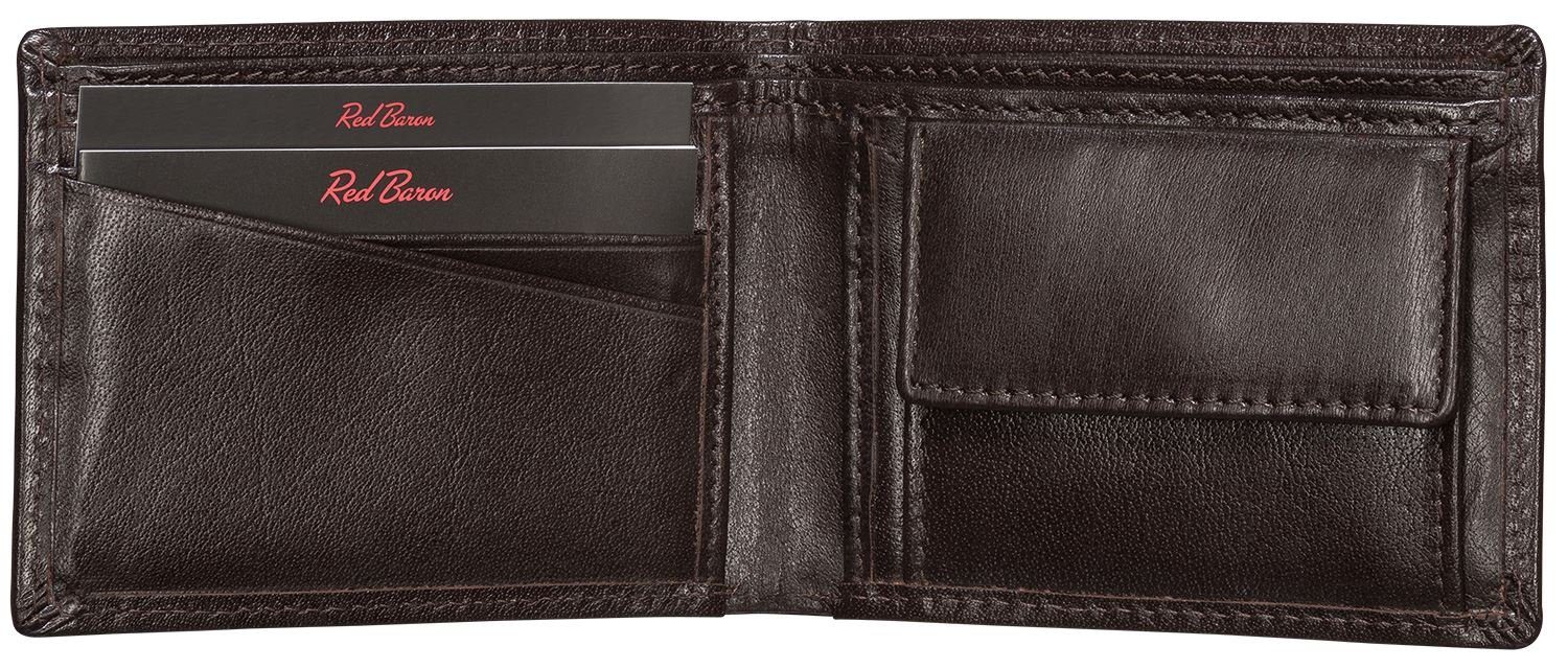 Red Baron Geldbörse Geldbeutel Leder Schwarz RB-WT-001-04, 1-fach klappbar, Kreditkartenfächer, Münzfach mit Druckknopf