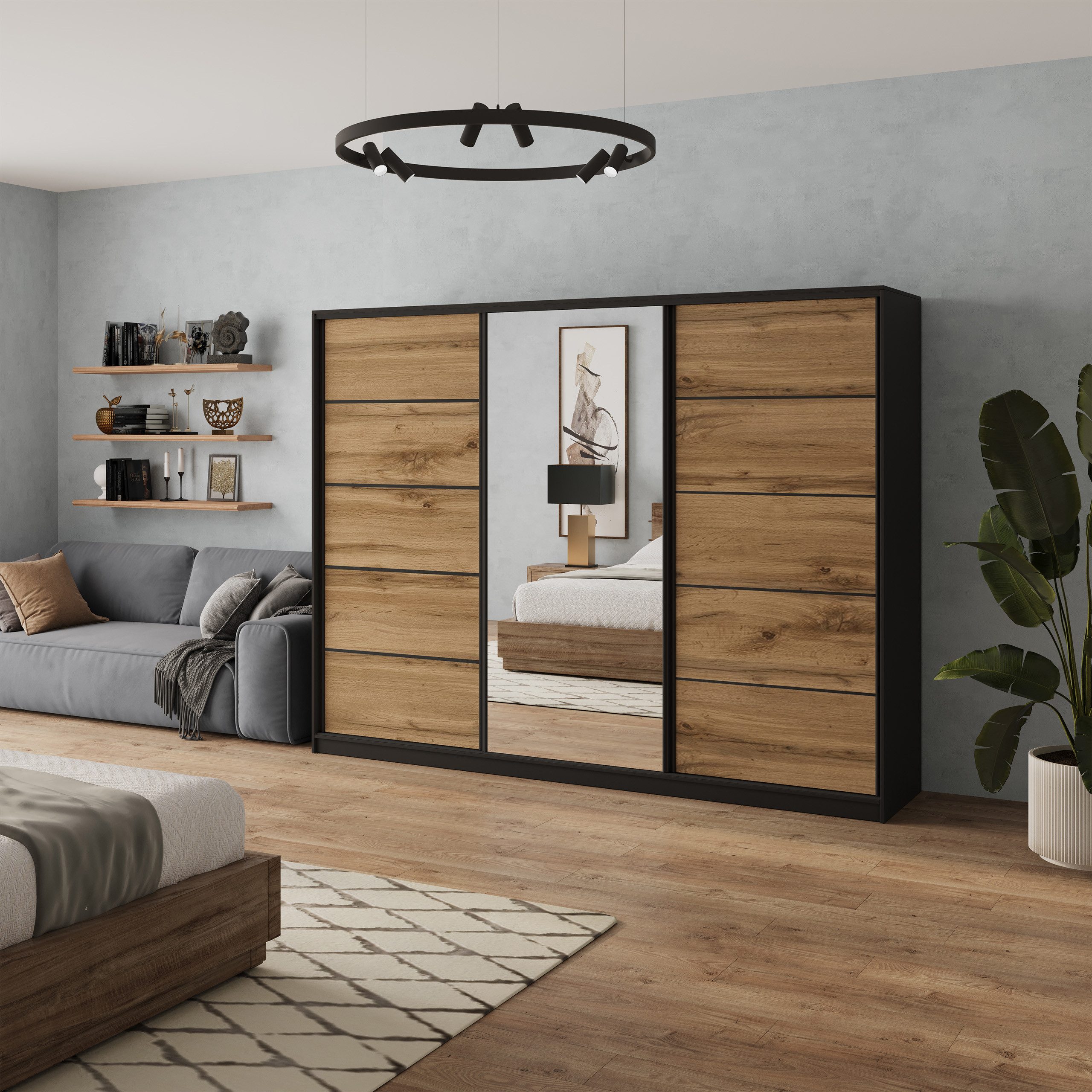 Masseno Schwebetürenschrank NATA 250 cm Kleiderschrank mit Spiegel 3 Türen Eiche Wotan