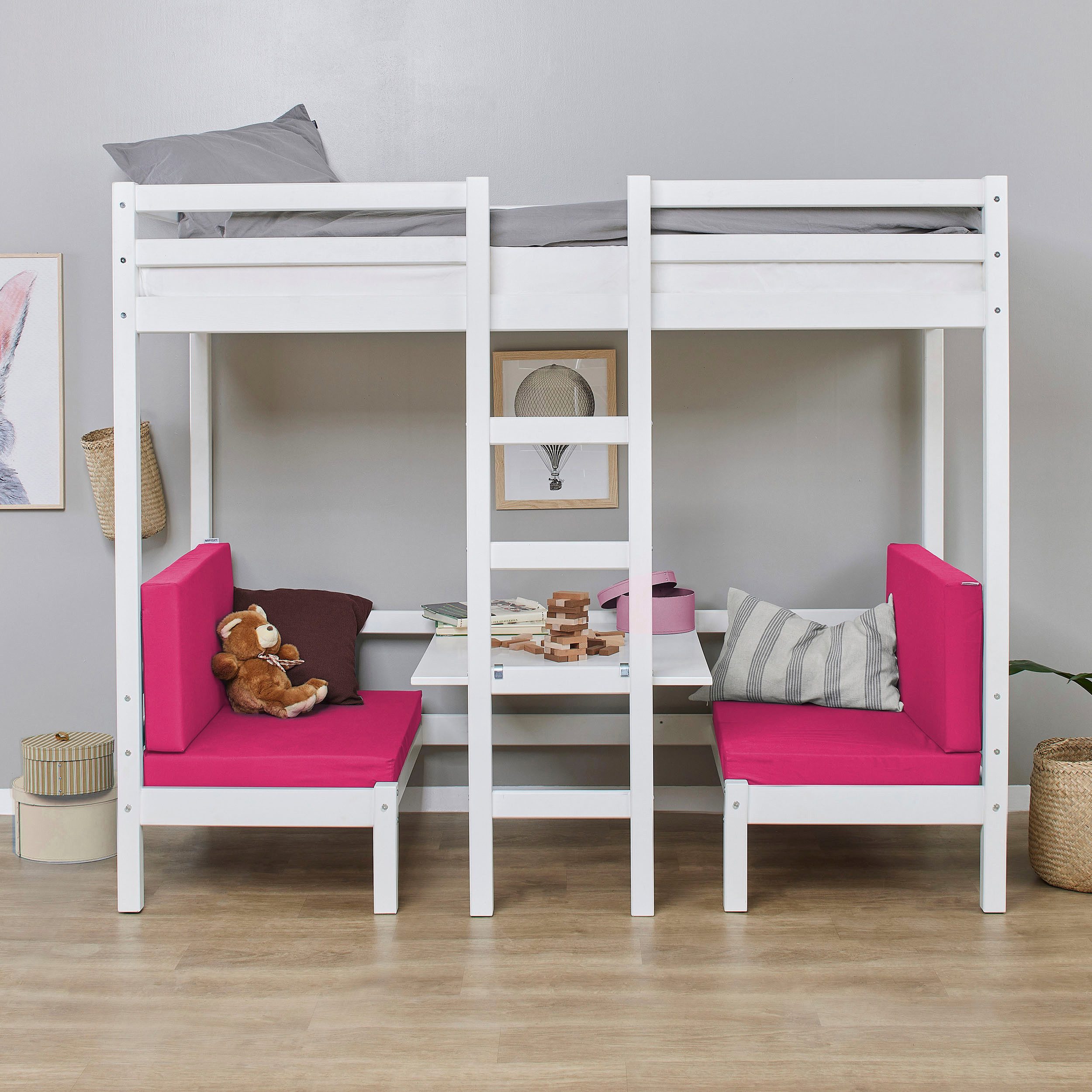 Hoppekids Hochbett ECO Dream, Kinderbett mit Funktion - Praktisch & flexibel, 90x200 Unteres Bett nutzbar als Bett oder Sitzgruppe. Matrazenbezug: PINK