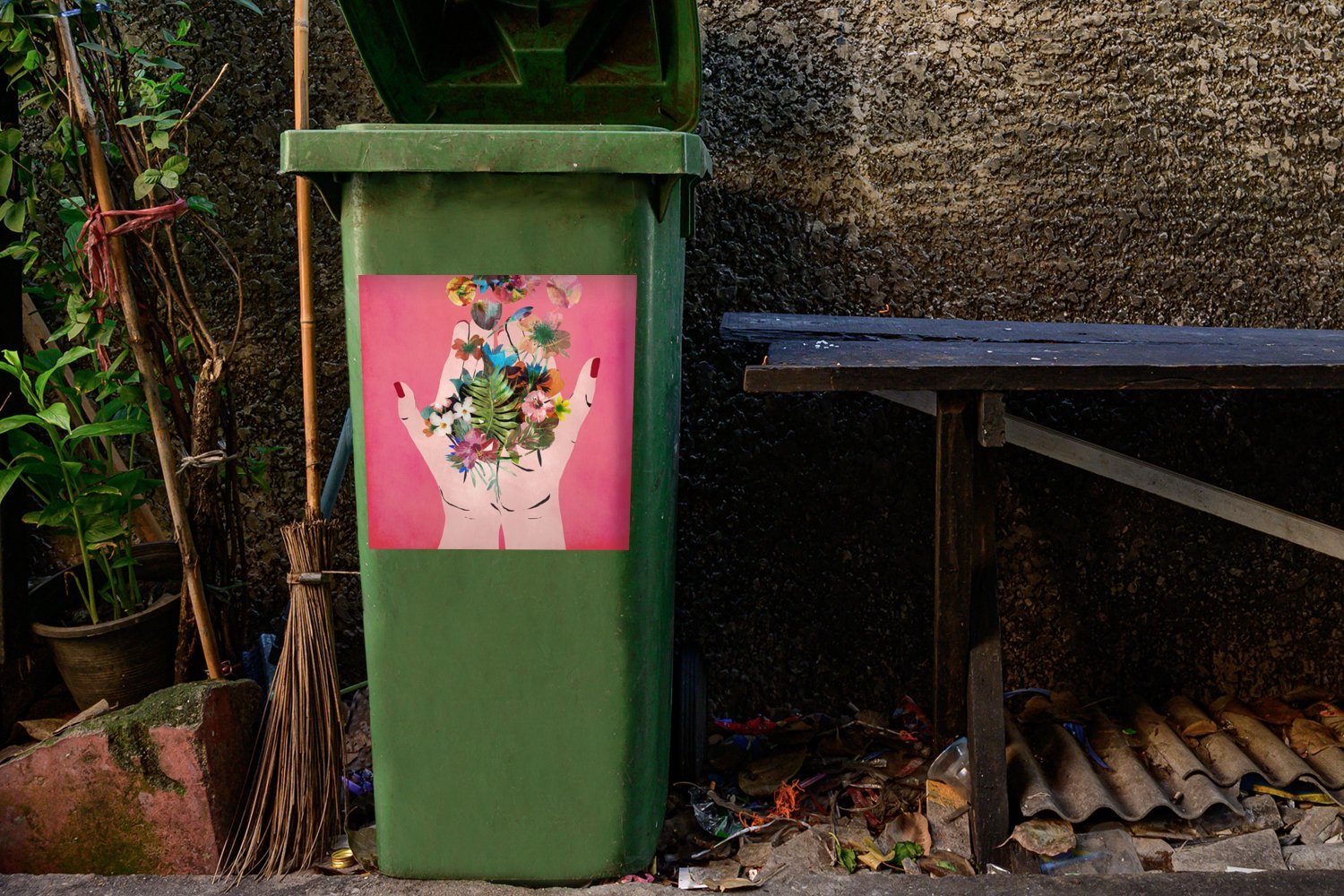 (1 - Container, Wandsticker Blumen Mülleimer-aufkleber, Abfalbehälter Mülltonne, Sticker, MuchoWow Rosa - Abstrakt Kunst St), -