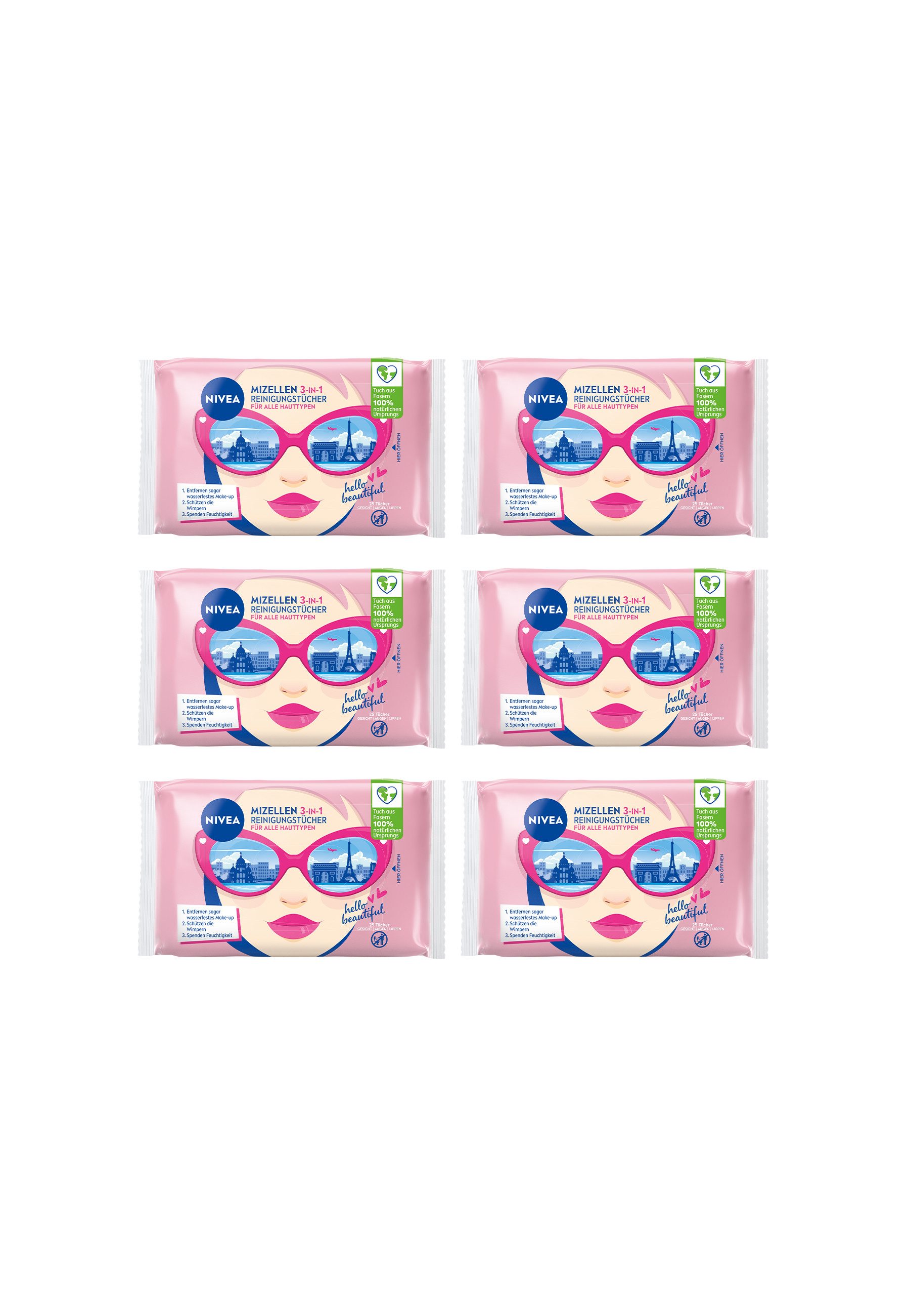 Nivea Gesichtsreinigungstücher Mizellen Reinigungstücher 3in1 Design Edition 6 x 25 Stück, 6-tlg., Gesichtsreinigung