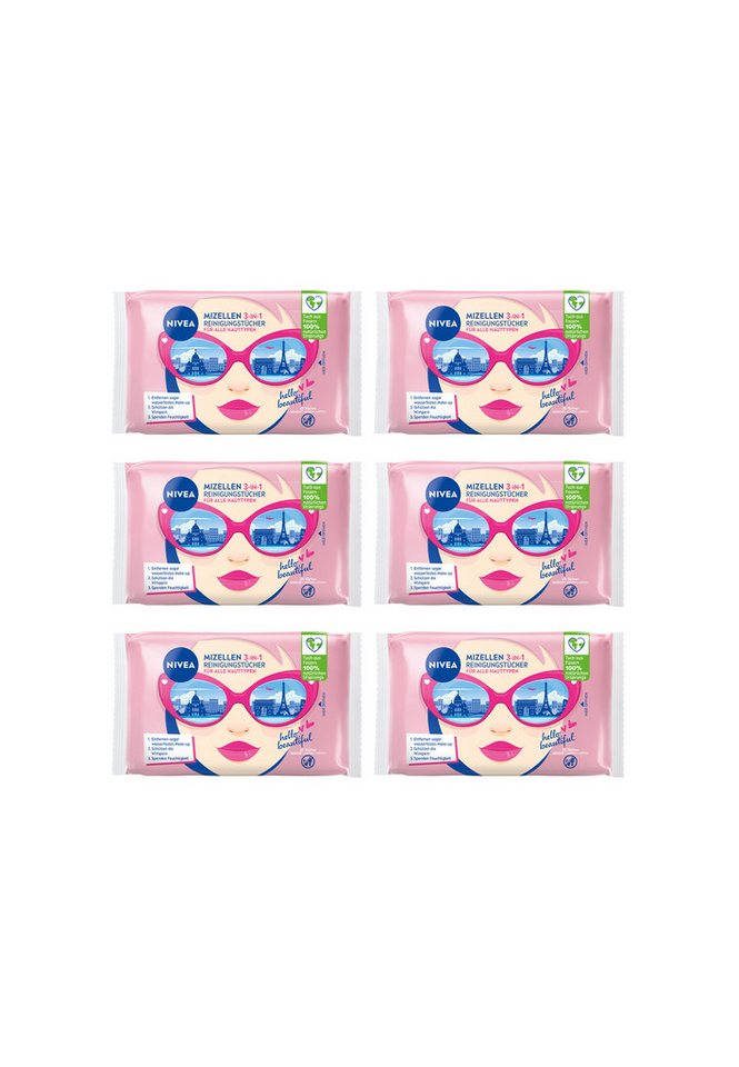Nivea Gesichtsreinigungstücher Mizellen Reinigungstücher 3in1 Design Edition 6 x 25 Stück, 6-tlg., Gesichtsreinigung