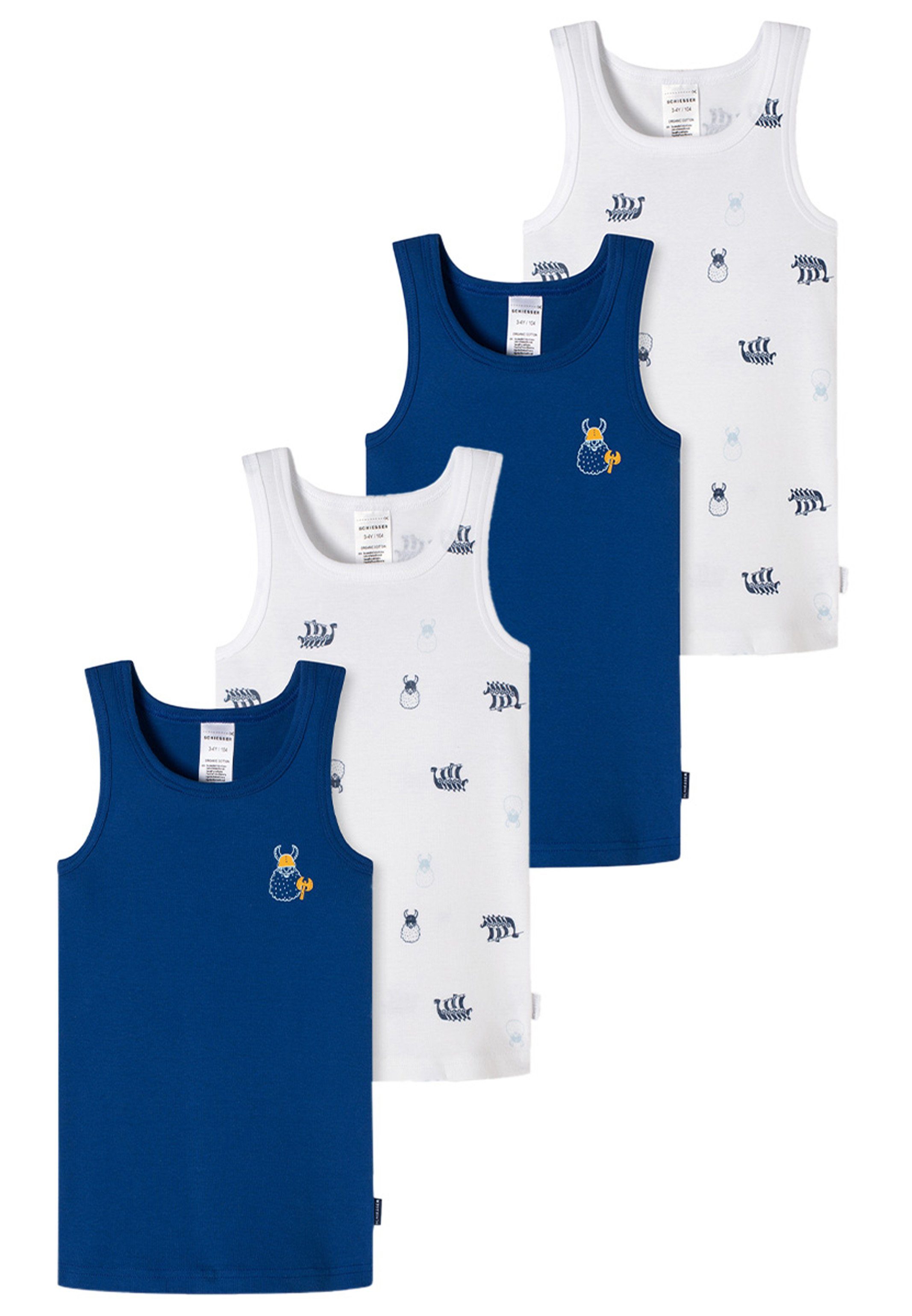Schiesser Unterhemd 4er Pack Feinripp Organic Cotton (Spar-Set, 4-St) Unterhemd / Tanktop - Baumwolle - Mit komfortablem Rundhalsausschnit Blau / Weiß - 908