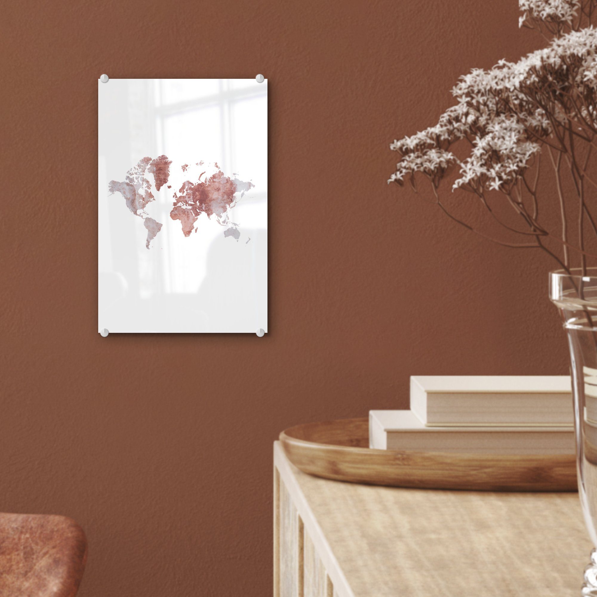 MuchoWow Acrylglasbild - Foto - Glasbilder - Stein auf Bilder - - Weiß, Glas Weltkarte Wanddekoration Rot St), (1 auf Glas - Wandbild