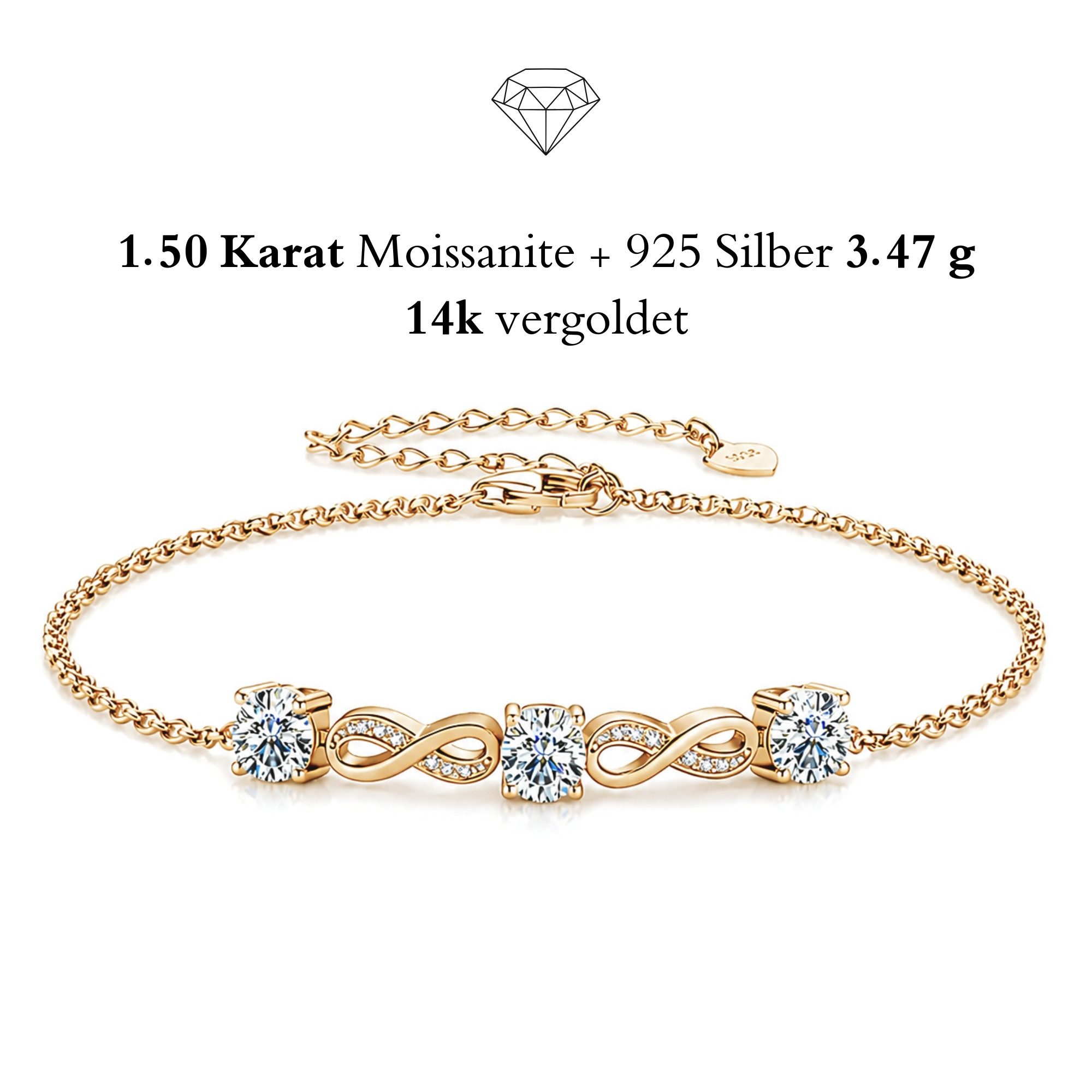Silberarmband Damen 925 Sterling Silber mit Diamant Moissanit 1,50 Karat – INFINITY