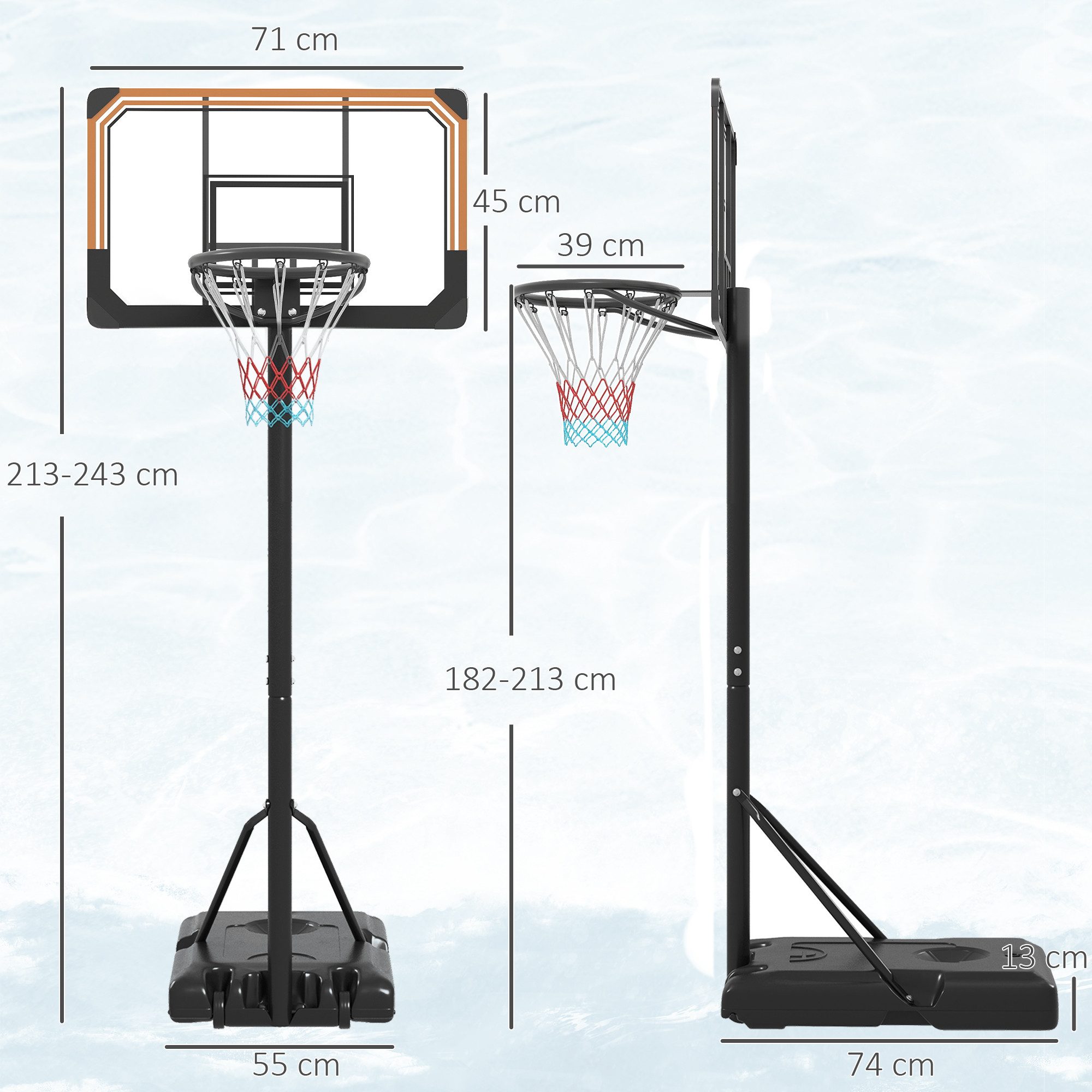 SPORTNOW Basketballständer 182-213 cm höhenverstellbar, mit Rollen, Standfuß (Basketballanlage, 1-St., Basketballkorb), für Indoor, Outdoor, Stahl, Schwarz