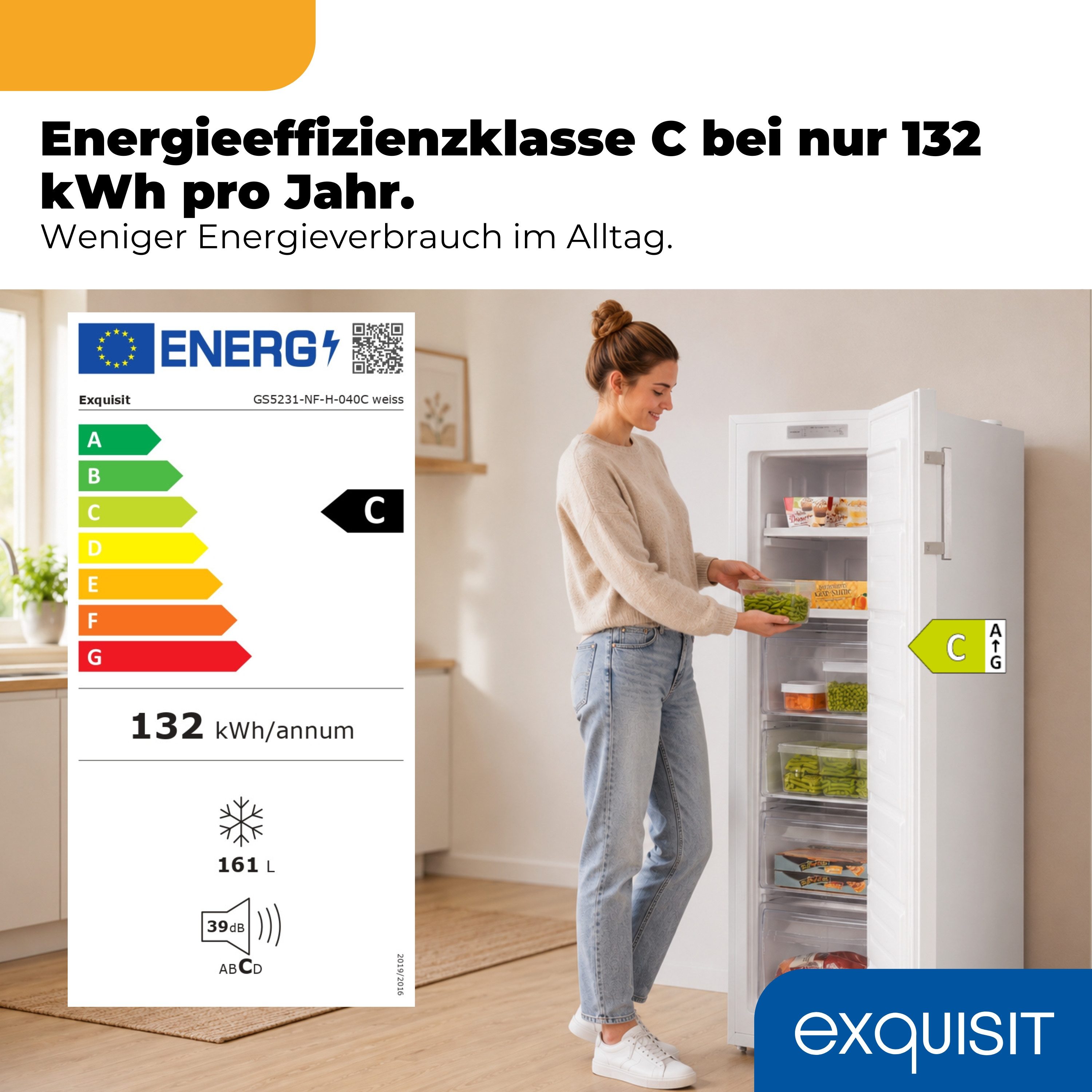 exquisit Gefrierschrank GS5231-NF-H-040C weiss, 143 cm hoch, 54 cm breit, NoFrost, Abtauverfahren automatisch, Schnellgefrierfunktion