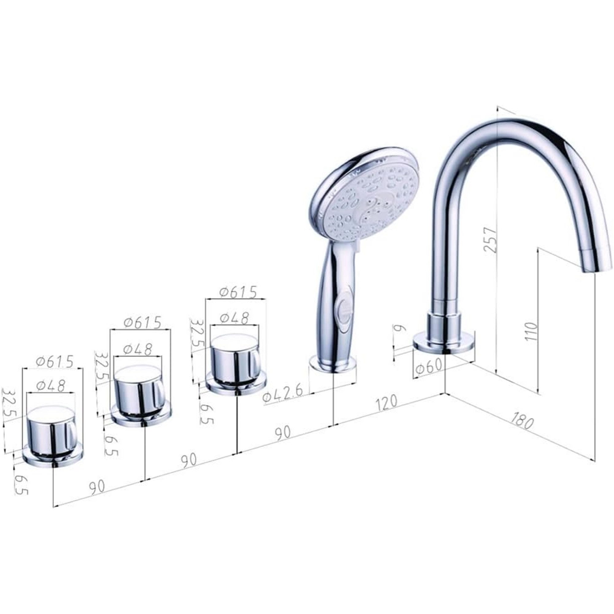 Mucola Badarmatur Wannenrandarmatur 5 Loch Set Handbrause Badarmatur Wasserfall Chrom (Set)