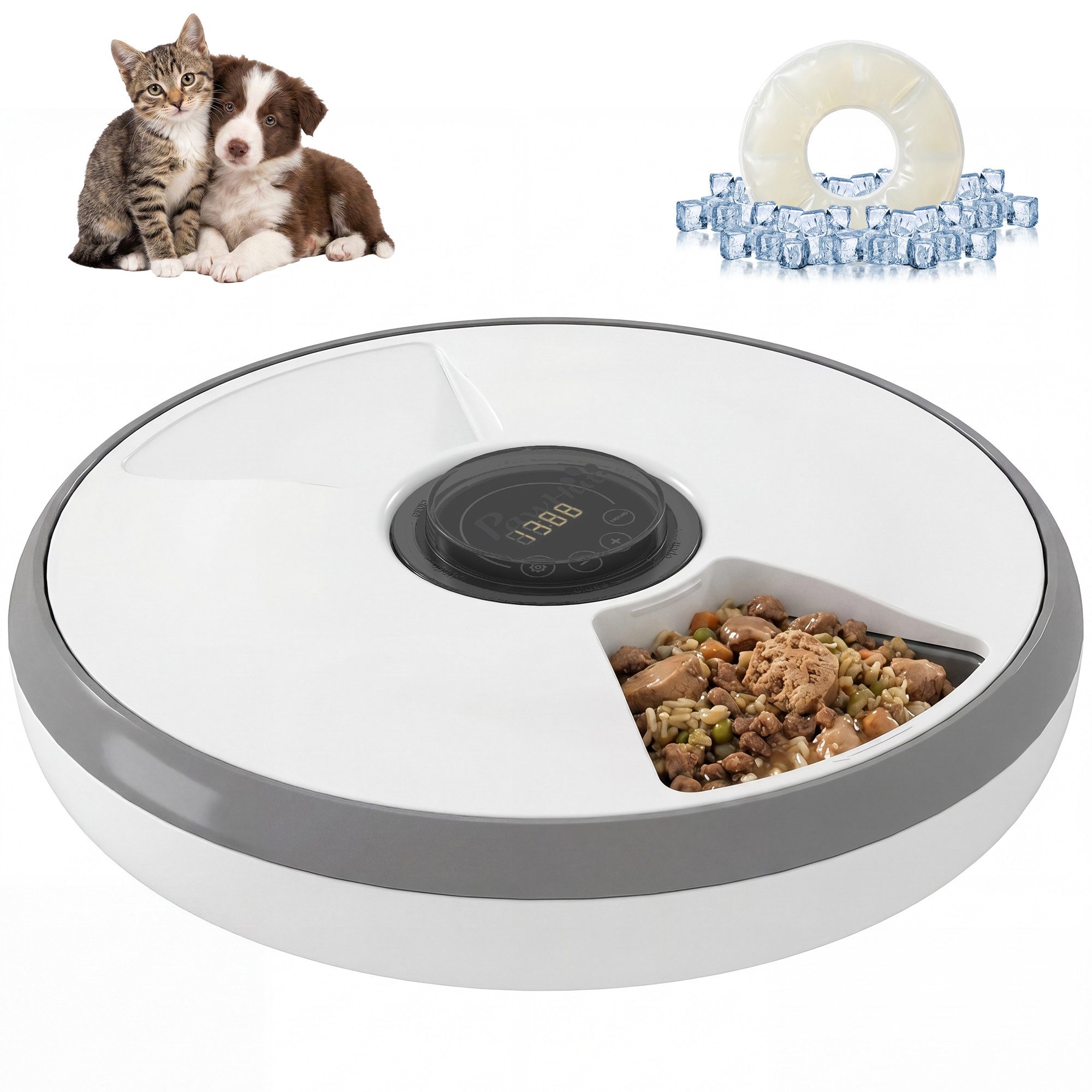 Luckice Futterspender Automatischer Futterautomat, kabellos mit Timer, bis 6 Mahlzeiten, LED-Display, Kühlakku, für Katzen & Hunde
