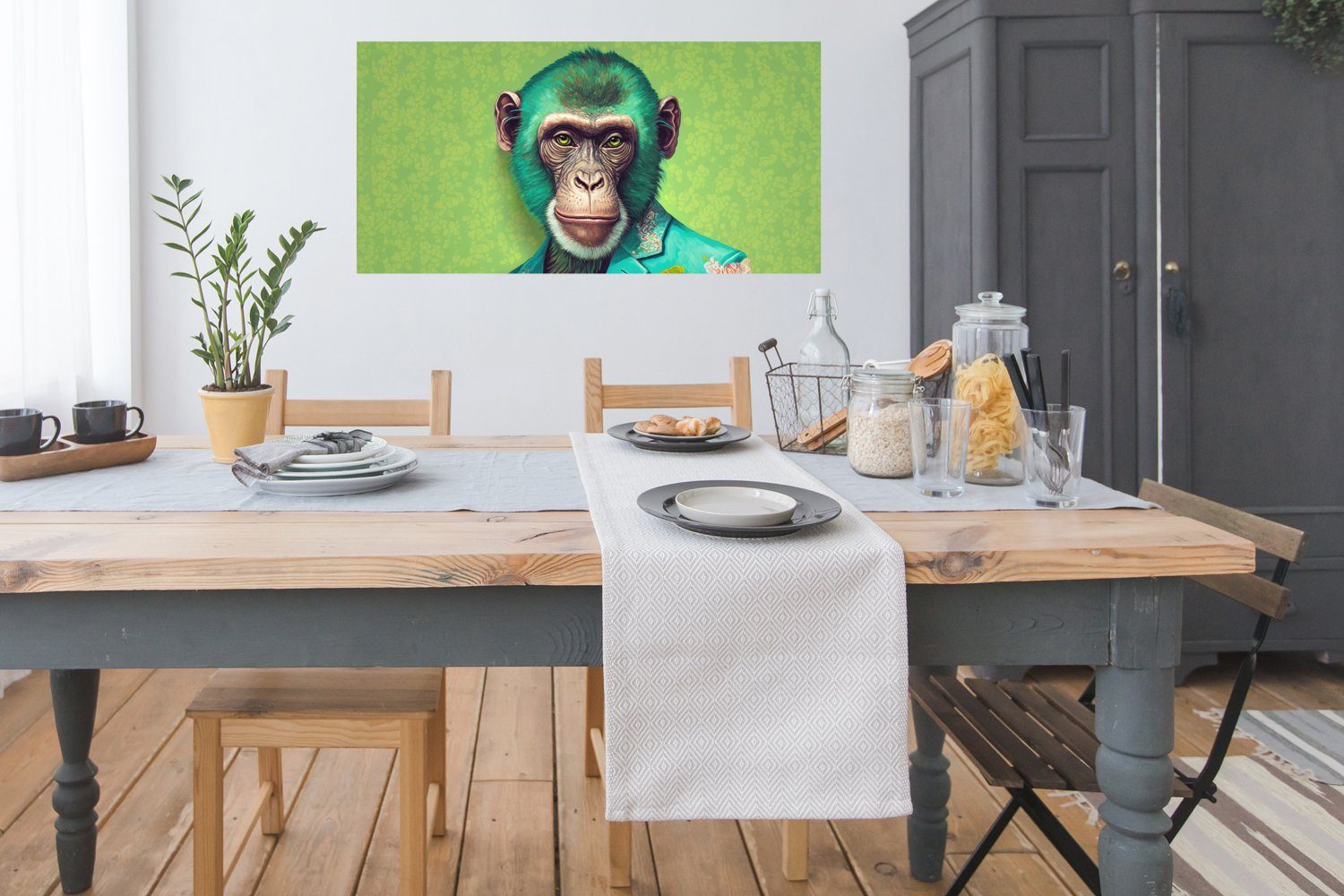 MuchoWow Poster Affe - (1 - Neon Porträt, Blumen - Rahmen, Ohne Wanddeko Wohnzimmer, St), Schlafzimmer, für Bild Wandposter, - Colbert