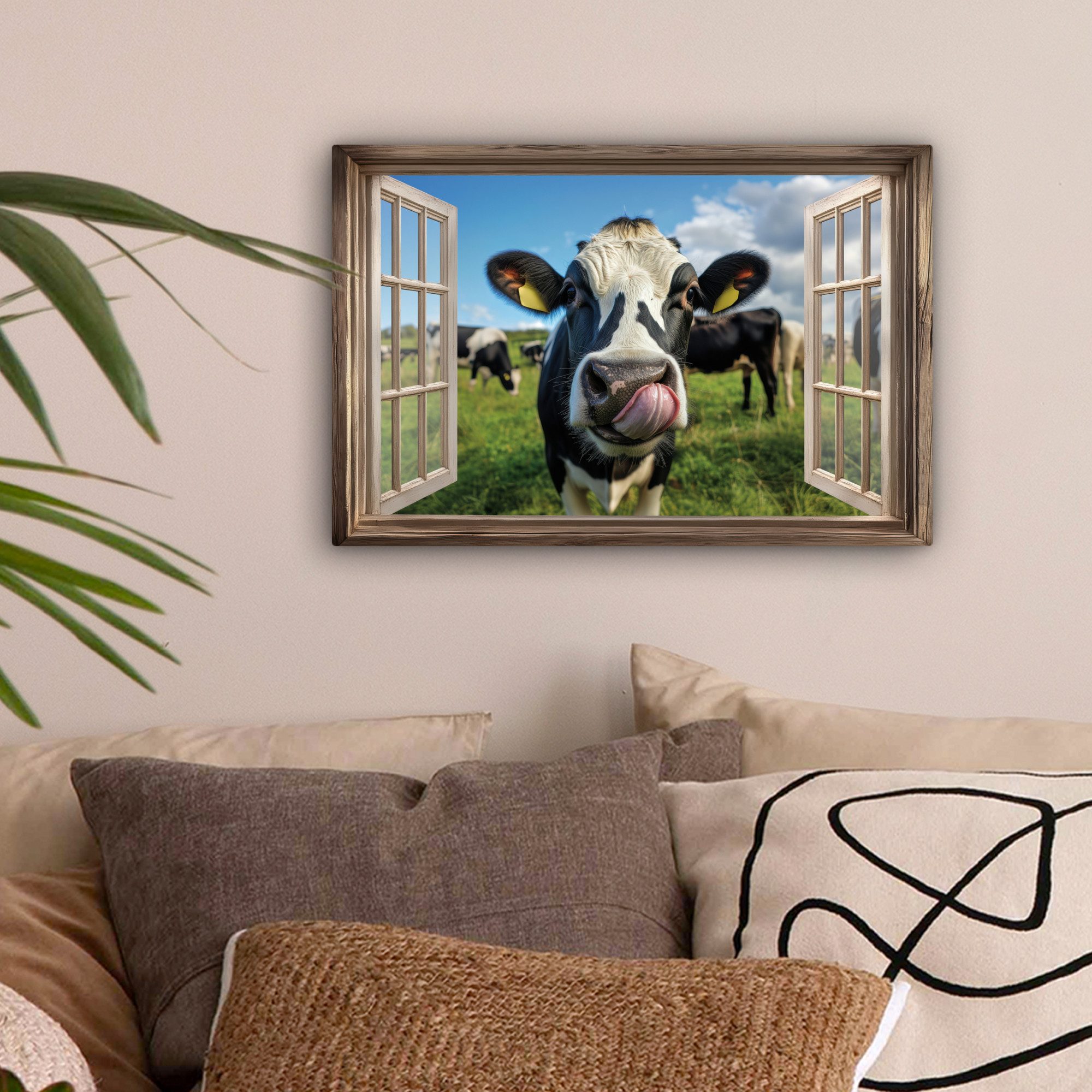 OneMillionCanvasses® Leinwandbild Durchgucken - Kuh - Wiese - Tiere - Natur günstig online kaufen