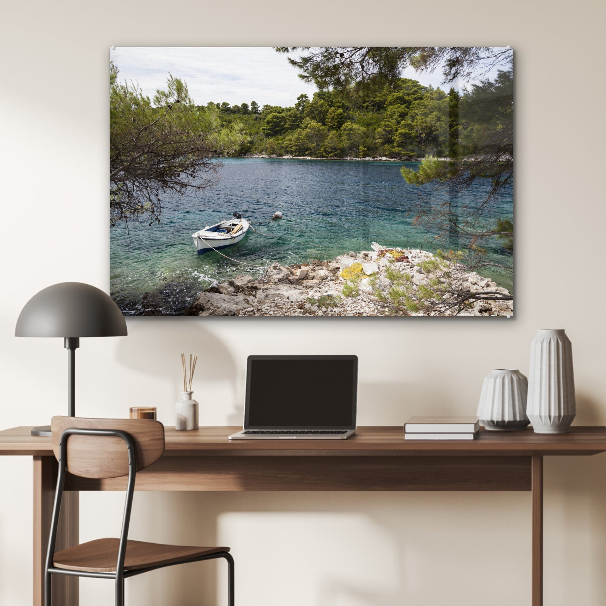 MuchoWow Acrylglasbild schwimmt Nationalparks (1 & Acrylglasbilder Wohnzimmer Fischerboot St), Mljet, Türkis des im Schlafzimmer Ein