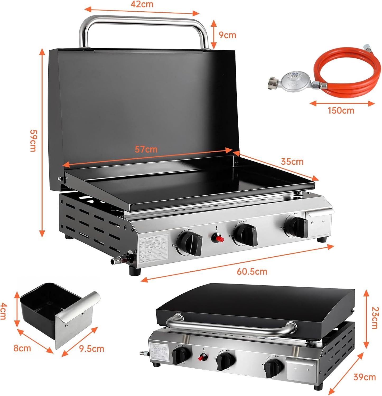 TLGREEN Gasgrill Tragbarer Tischgasgrill mit Deckel, 3 Edelstahl Brenner 7.2KW, 58×35cm Emaille Antihaft Grillplatte, Camping Gasgrill mit Piezo-Zündung & Fettauffangschale, Balkongrill für Terrasse Garten Picknick BBQ
