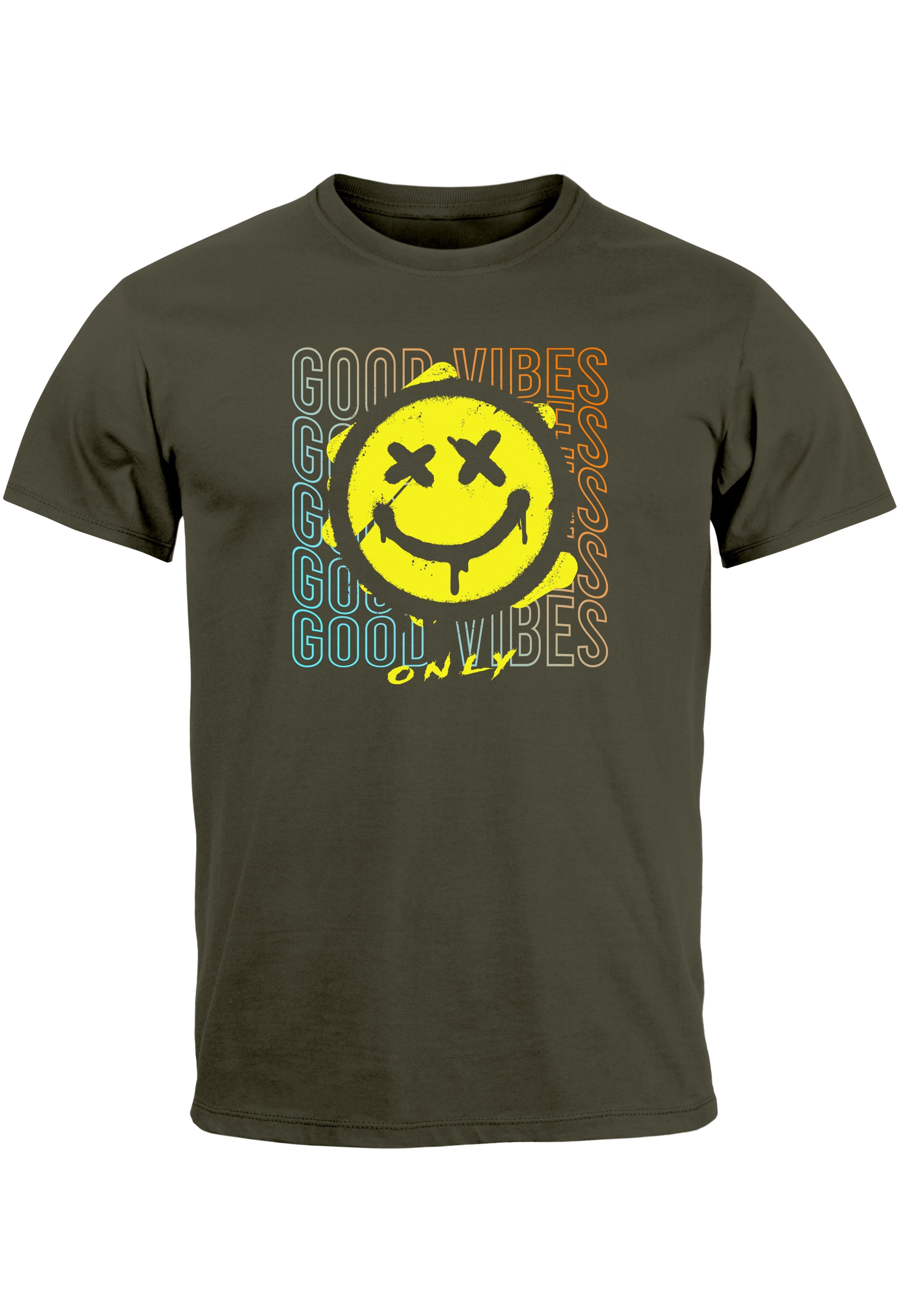 Neverless Print-Shirt Herren T-Shirt Smiling Face Good Vibes Print Aufdruck Bedruckt Teachwe mit Print army