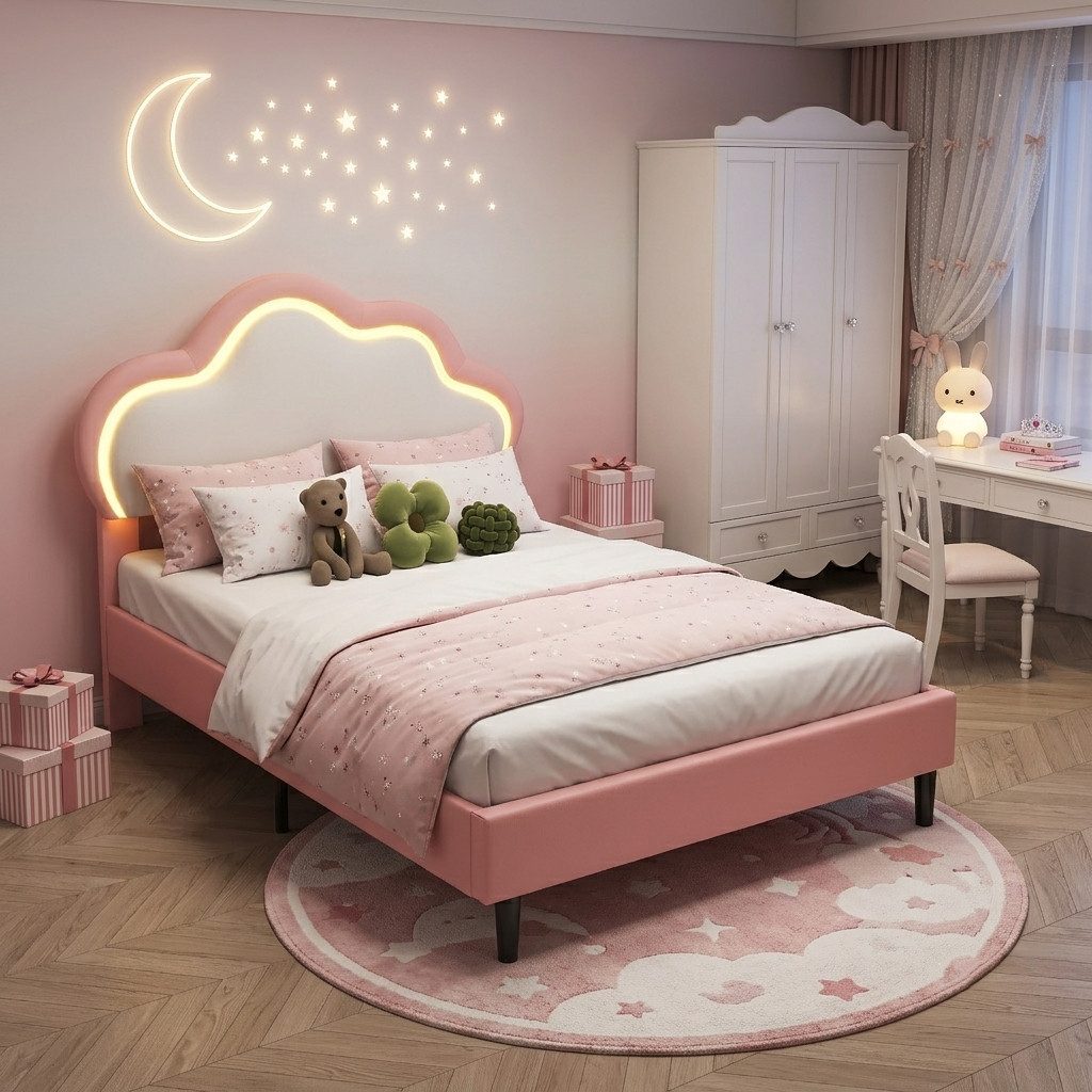 Simurq Polsterbett Kinderbetten,Polsterbetten,Einzelbetten,Jugendbett,90x200 cm (inkl. Lattenrost, Ohne Matratze), mit Lattenrost,mit LED,90x200 cm