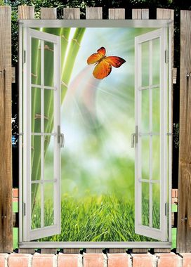 Wallario Sichtschutzzaunmatten Schmetterling im Grünen mit Bambus, mit Fenster-Illusion