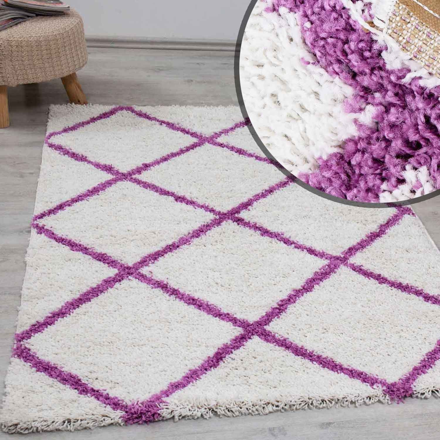 Vimoda Hochflor-Teppich Shaggy Rautenmuster Lila, Rechteckig, Höhe: 30 mm, Läufer Langflor, Skandinavisch Design