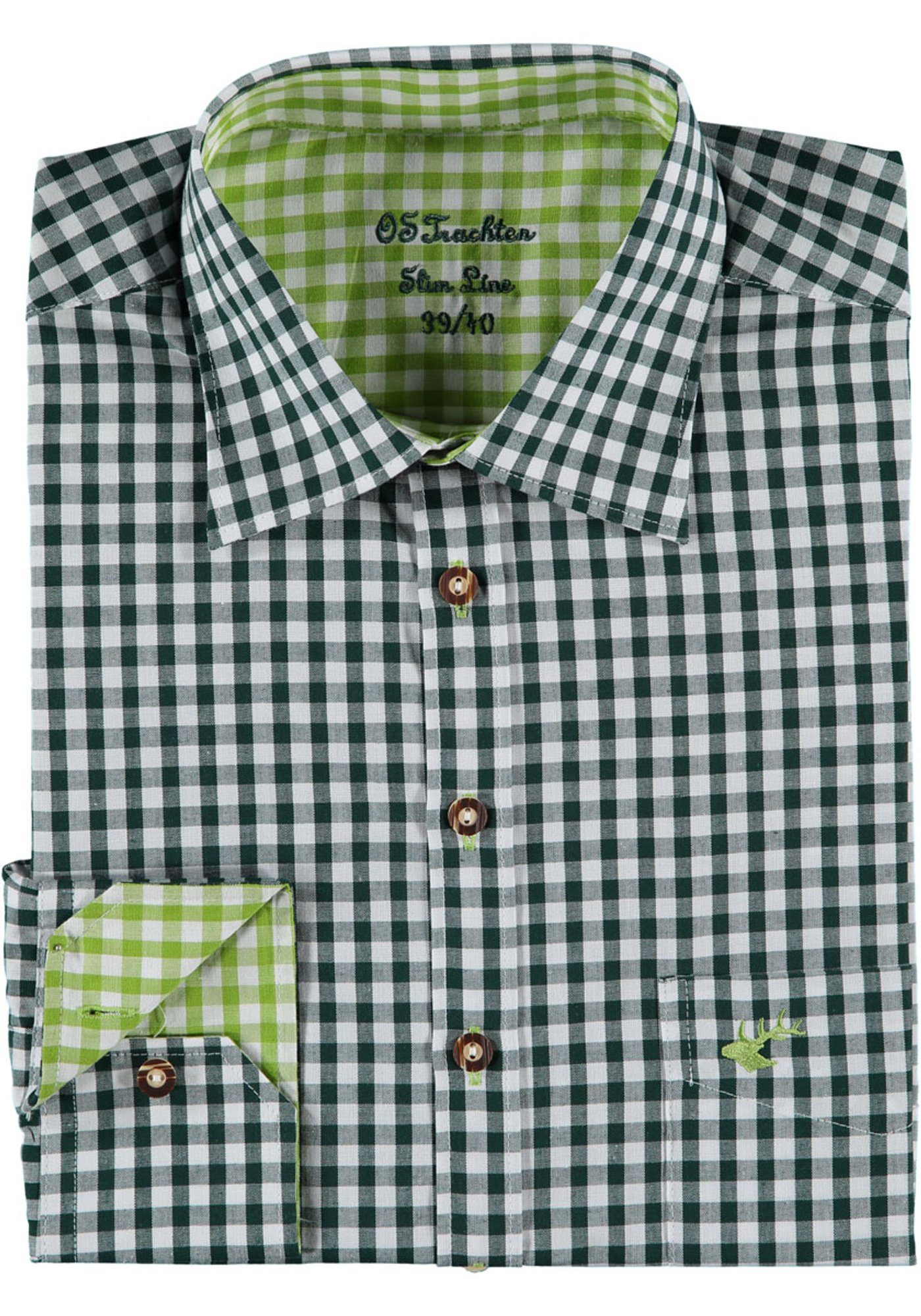 Ärmeln und mit Smegy in Hirsch-Stickerei, lang Trachtenhemd Rumpf dunkelgrün extra OS-Trachten