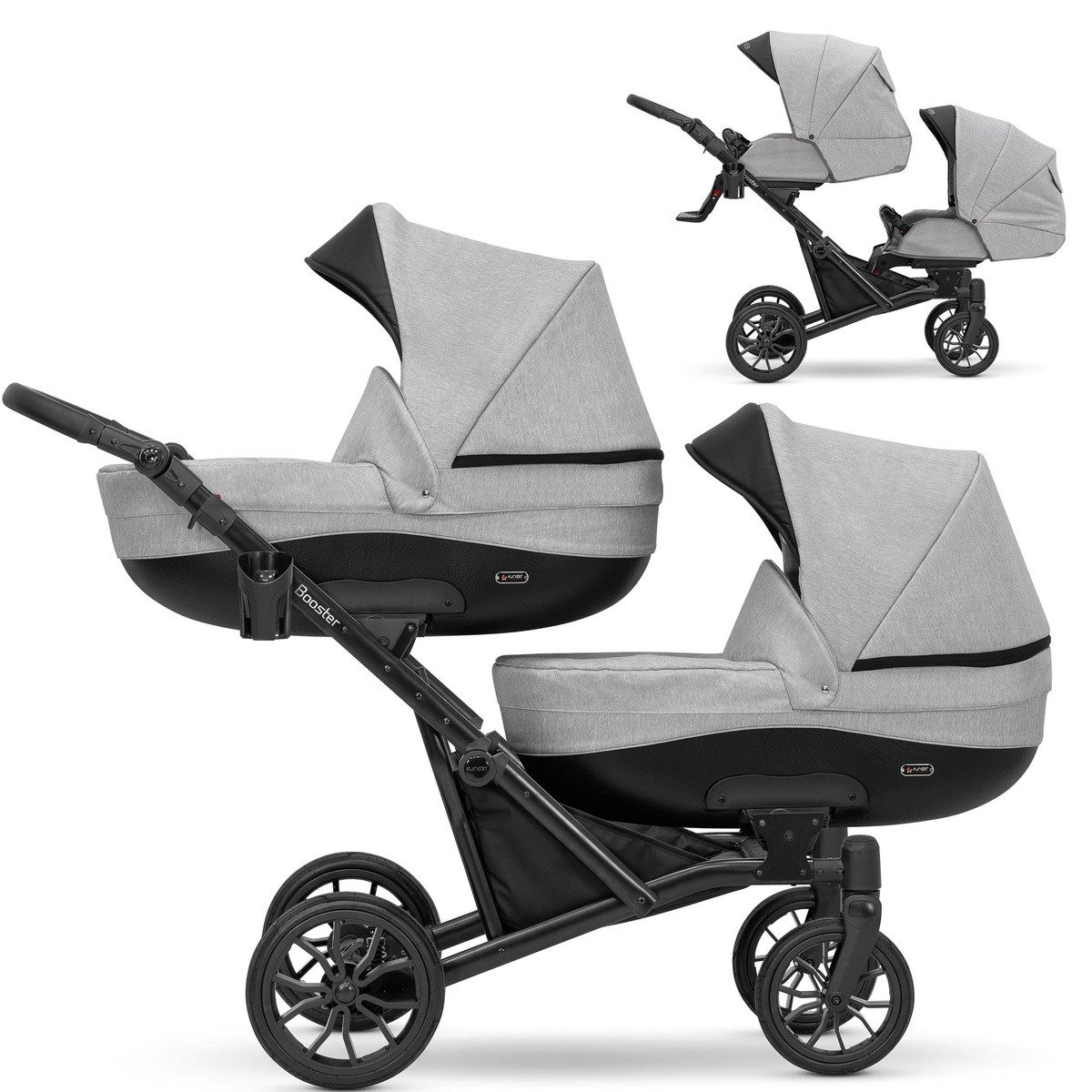 KUNERT Zwillings-Kombikinderwagen Kunert 2 in1 BOOSTER Graphite Zwillingskinderwagen, Zertifiziert von TUV NORD und ZETOM, entspricht EN 1888-1:2018