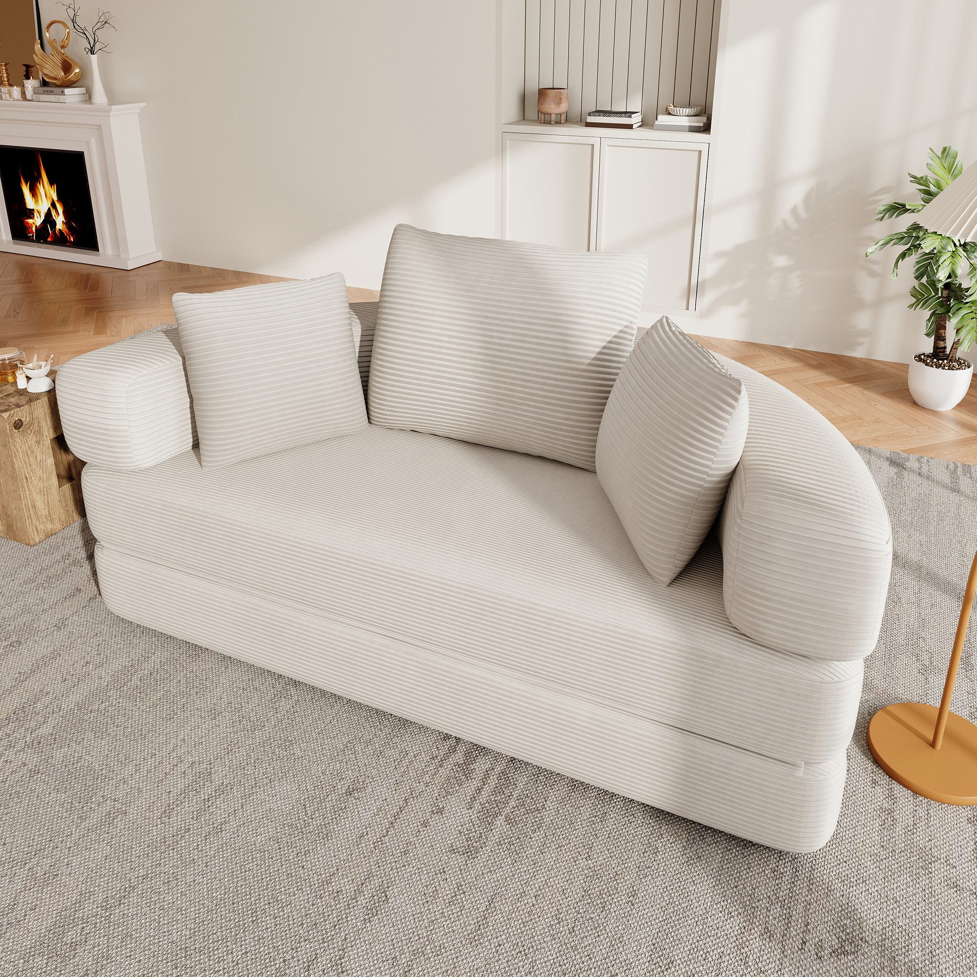 Merax Schlafsofa mit Schlaffunktion, Multifunktionales Sofa mit Hocker, Boneless Couch, Klappsofabett für Wohn/Arbeits/Schlafzimmer 1 Teile, 2-in-1 Sofa-Bett mit Cordstoffbezug inkl. 3 Kissen, 173x176cm