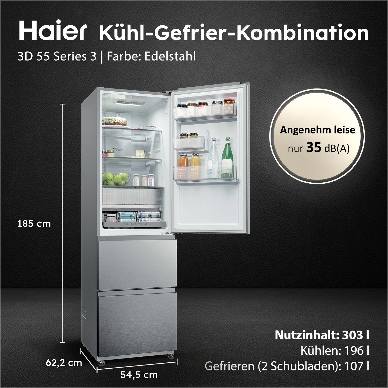 Haier Kühl-/Gefrierkombination Combi 3D 55 HTR3518ENMX, 185 cm hoch, 54,5 cm breit, Easy Access-Gefrierschubladen: Alles schnell gefunden – Bild 2 von 5