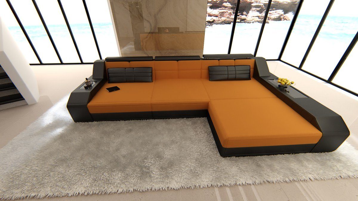 Sofa Dreams Ecksofa mit mit Stoffsofa, Arezzo Couch C87 Designersofa Apricot-Schwarz Bettfunktion wahlweise Couch Form L Sofa Stoff Schlafsofa, als LED
