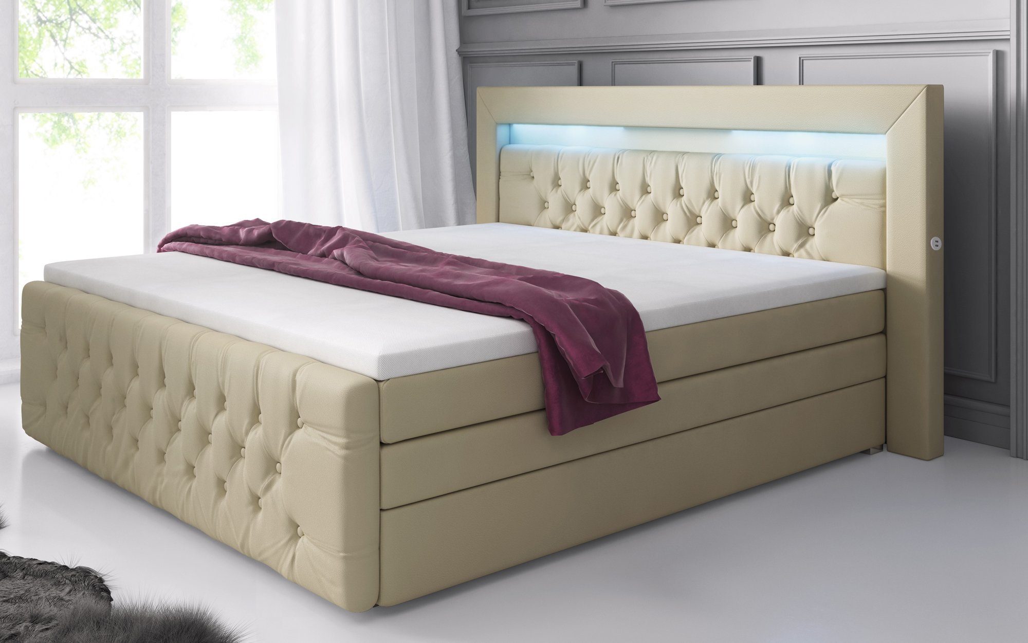 Baidani Boxspringbett Sonno, mit Stauraum, LED und USB - Anschluss, inkl. Topper und Matratze
