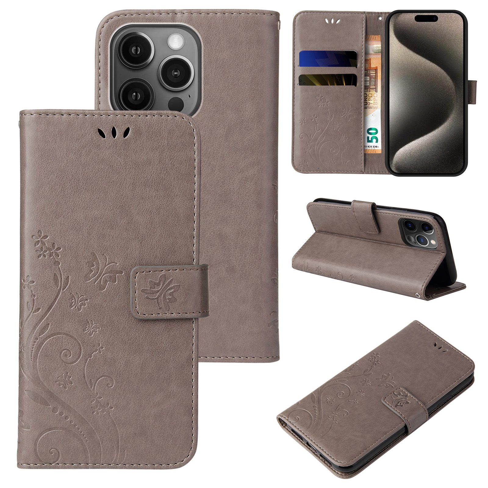 Tec-Expert Handyhülle Cover Tasche Hülle für Apple iPhone 15 Pro 6,1 Zoll, Klapphülle Case mit Kartenfach Fliphülle aufstellbar, Motiv Blumen
