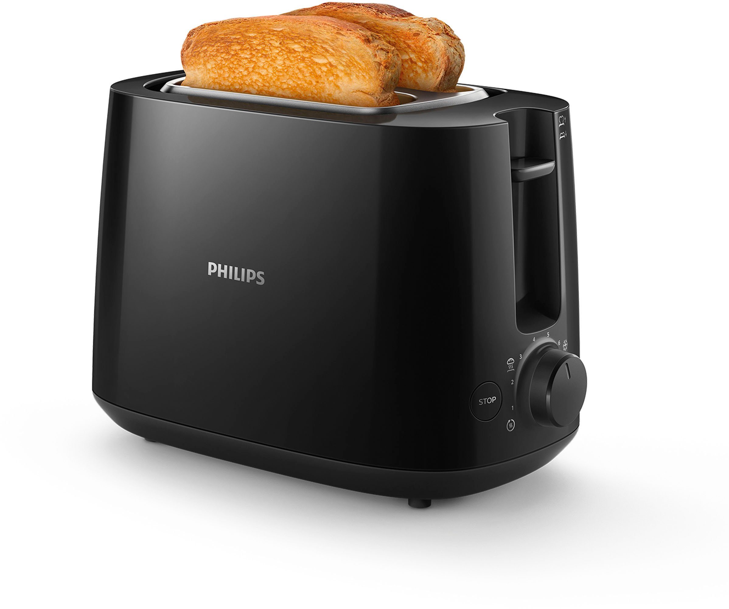 Philips Toaster HD2581/90 Daily Collection, 2 kurze Schlitze, für 2 Scheiben, 830 W, Brötchenaufsatz, Krümelschublade, 8 Bräunungsstufen, Schwarz