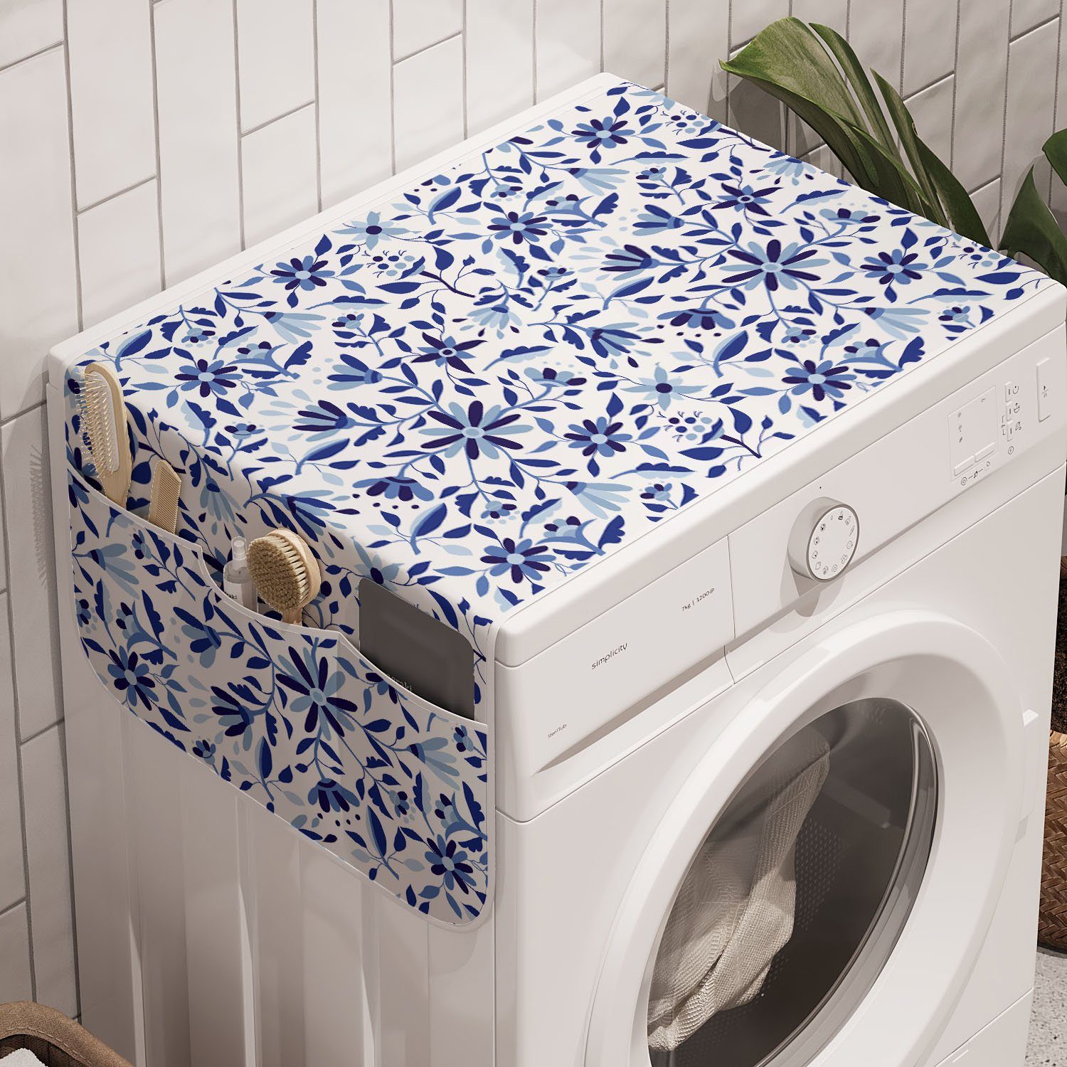 Anti-Rutsch-Stoffabdeckung Waschmaschine für Moderne Blau Badorganizer Abakuhaus Blumen-Blatt-Knospen und Trockner,
