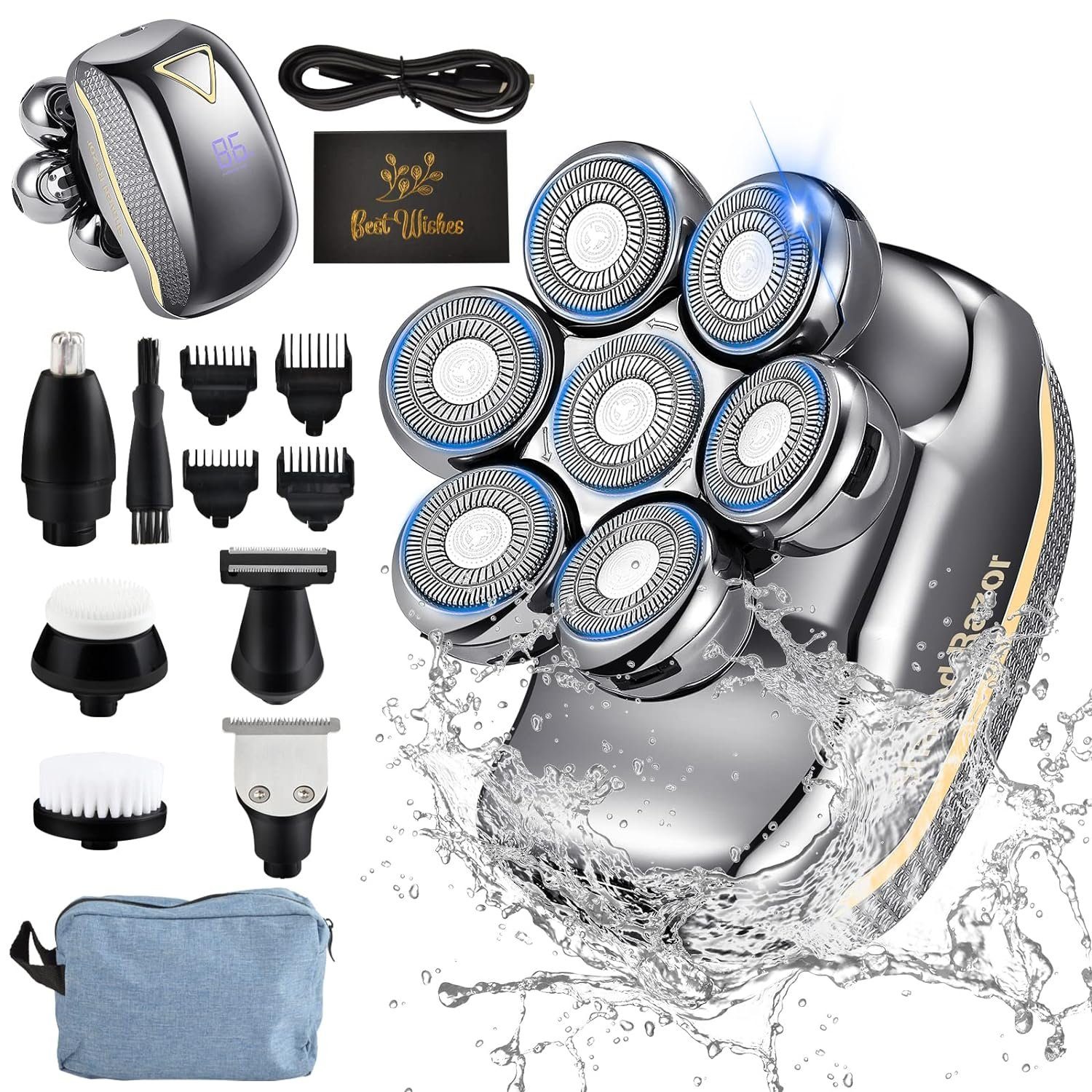 7D Wasserdichter Kopf- mit für Männer Reisetasche, Weihnachtsgeschenk Elektrorasierer (3/6/9/12mm)., 6-in-1 Rasierer Haarschneider Nasenhaartrimmer, Gesichtsreinigungsbürste, - Nass/Trocken, - Männer, 6, Wiederaufladbar, 7D mit LED-Display, Gesichtsmassage, Aufsätze: und und Männer keystar Köpfe, glatzköpfige Kopfrasierer Haartrimmerkämme inklusive für für für Pflegeset Elektrorasierer Präzision+Komfort, Haartrimmer, glatte Rasierapparat, Herren Ganz Gesichtspflege
