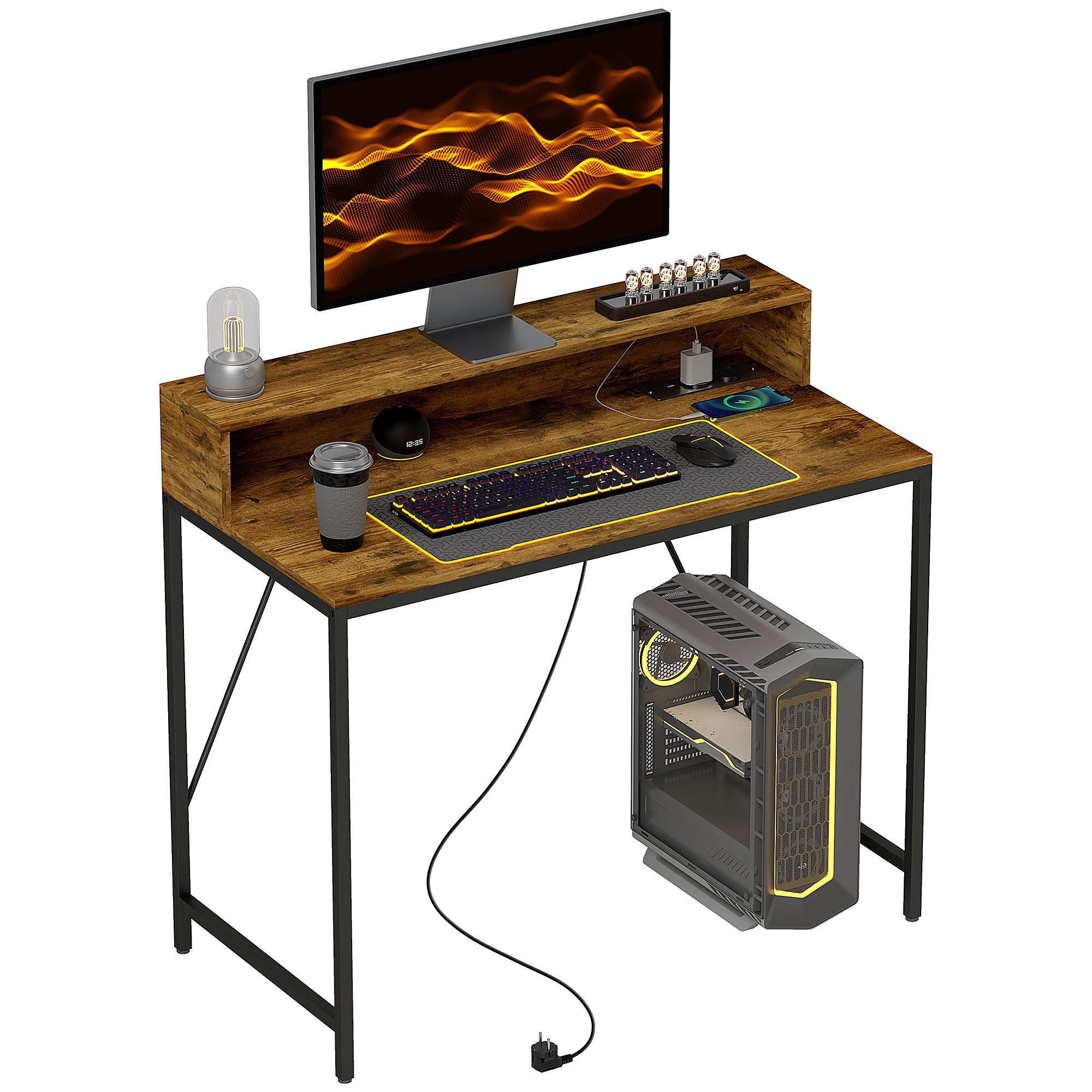 Computertisch mit Anschlüssen, Monitorfläche und Ablage
