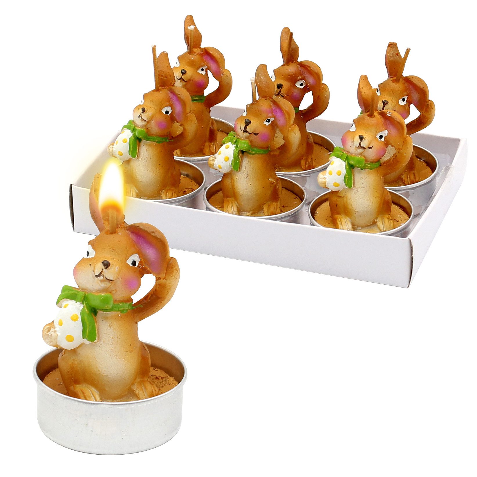 Dekohelden24 Teelicht Dekohelden24 Oster Teelichte Teelicht-Kerze als Osterhase mit Osterei, im 6er Set, Braun, Maße je Teelicht ca. 4,5 x 6 cm.