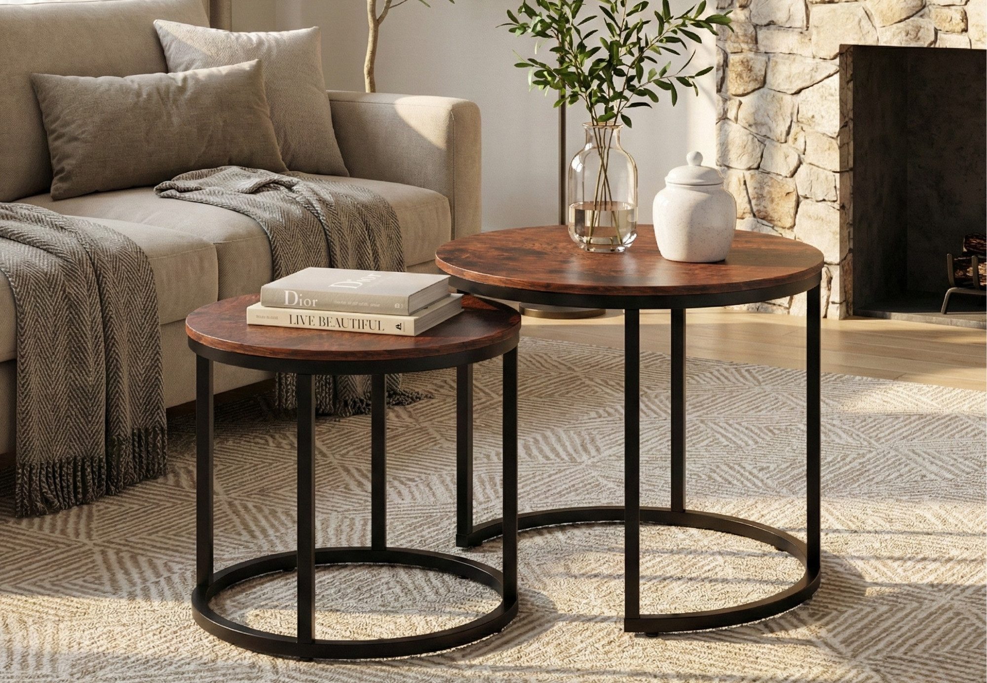 Home Collective Couchtisch Kleiner 2er Set aus Holz, Wohnzimmertisch Modern (Beistelltisch Set 2 in 1 mit Metallgestell, Büro Beistelltisch Loft Design TWIN, kratzfeste Oberfläche, Set 2 in 1), Rund in Eiche hell, für Wohnzimmer