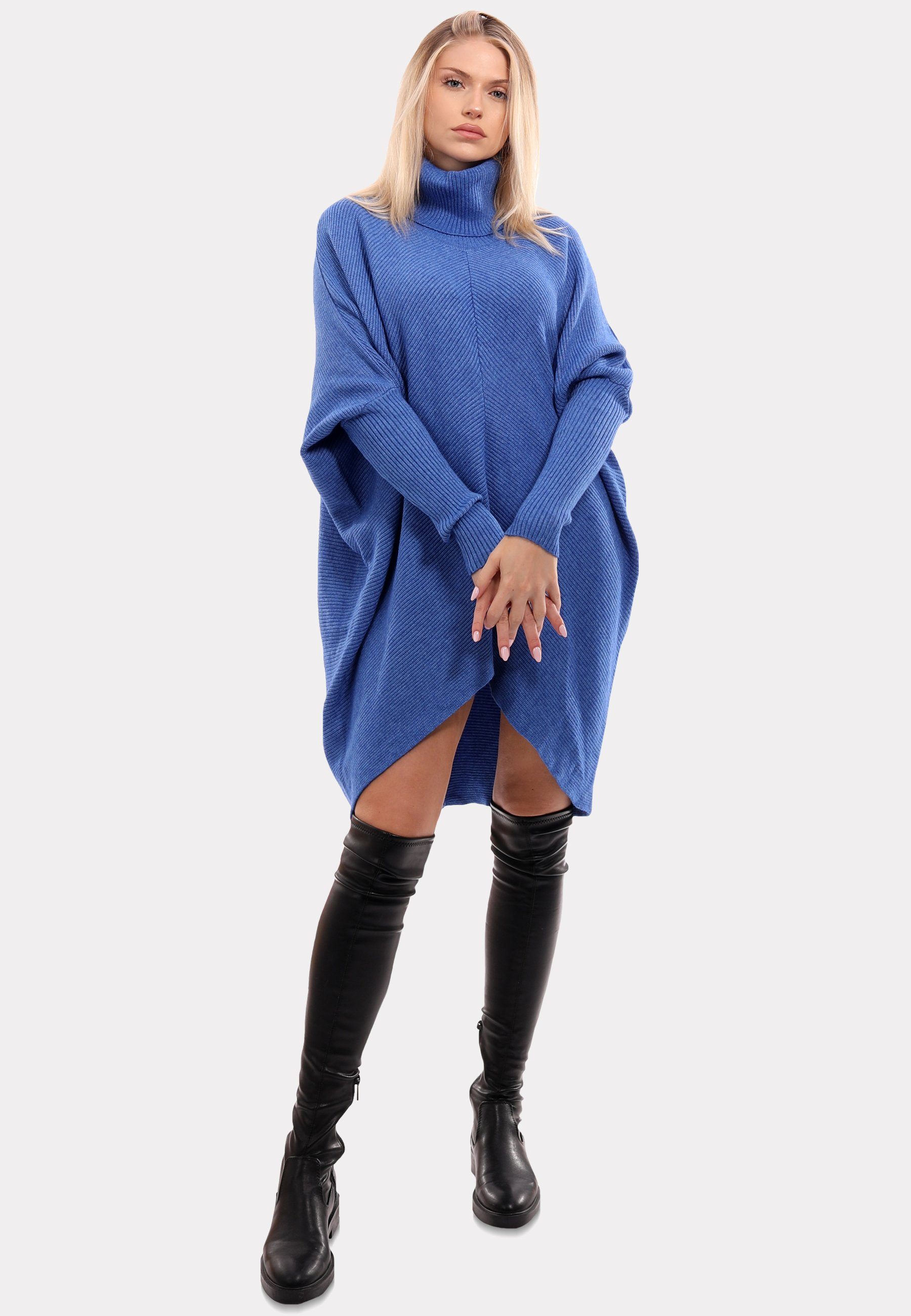 YC Fashion azure Strickpullover mit & in asymmetrisch Unifarbe, Rollkragen Longpullover überschnittenen Style Plus (1-tlg) Size mit Schultern