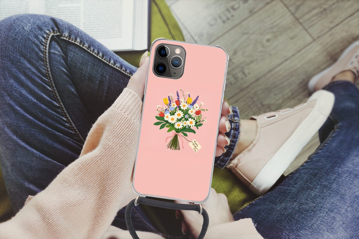 MuchoWow Handyhülle für Apple iPhone 13 Pro Max Blumen - Farbband - Karte, Tragbare Handyhüllen mit Kette zum umhängen, Handykette Handyband