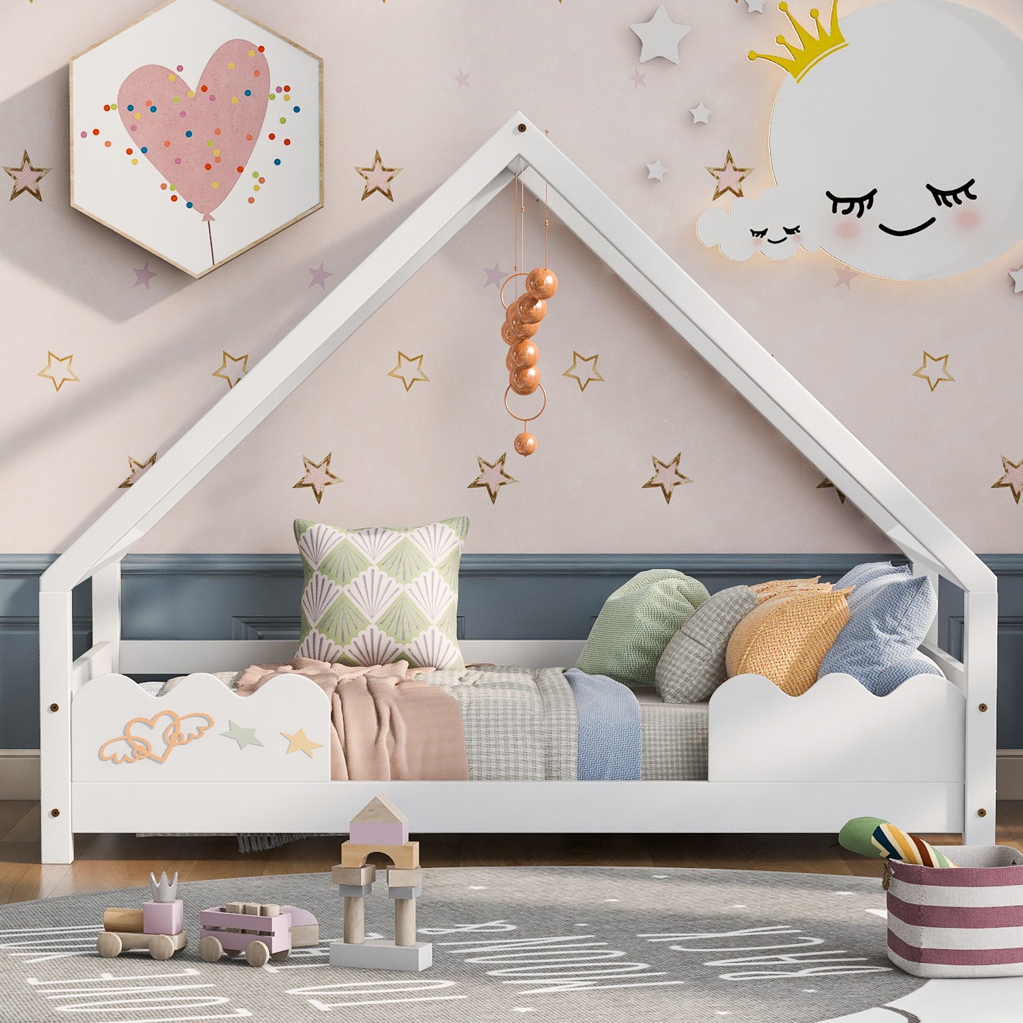 Flieks Kinderbett, Hausbett Kiefernholz Jugendbett 90x200cm günstig online kaufen